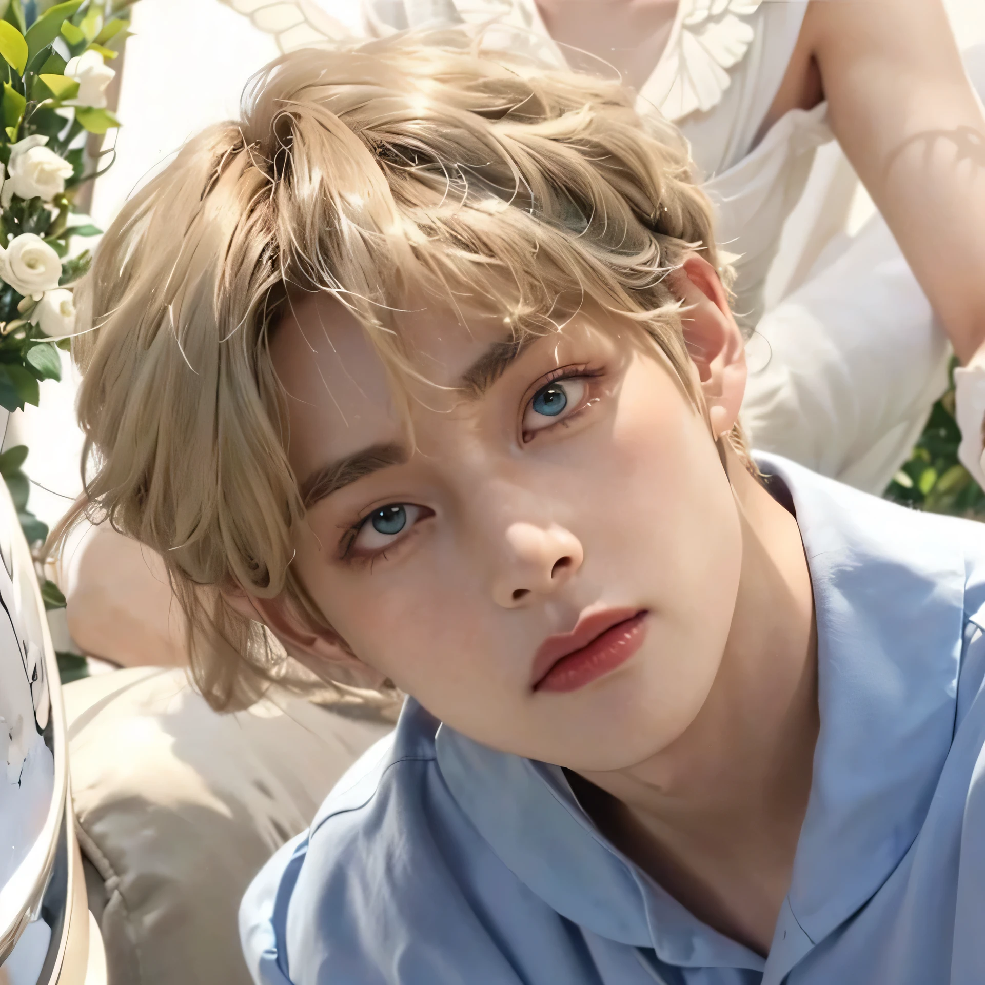 Young man/ young man with light blonde hair, platinum ruby hair, wavy hair, Porcelain skin, milky and white skin, pale skin and slightly flushed, taehyung bts face, thin man, fairy wings, hombre con fairy wings y fondo de bosque magico, hombre de cabello rubio y Porcelain skin, pompous lips and taehyung bts face and green eyes full of innocence. his face conveys innocence.