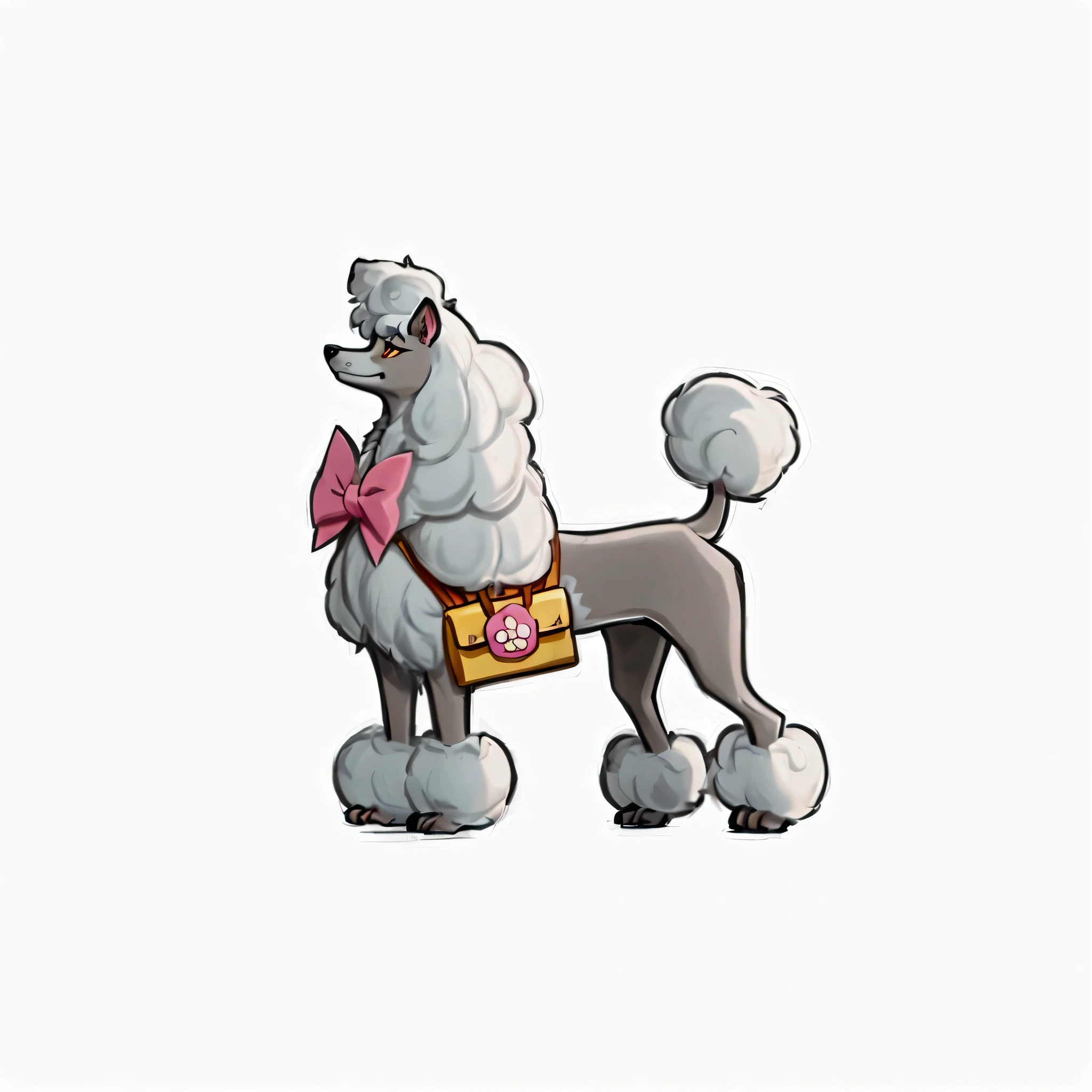 There is a poodle with a pink bow and backpack, sideways，Poodle, Pink bow on chest，Backpack，High-spirited，Hold your head high，your tail，big ear，Dense hair on limbs，Slender build，8k，ue5 render，3D Rendering，Cartoon Style，Anime style，more details，Large color blocks，Thick coating style