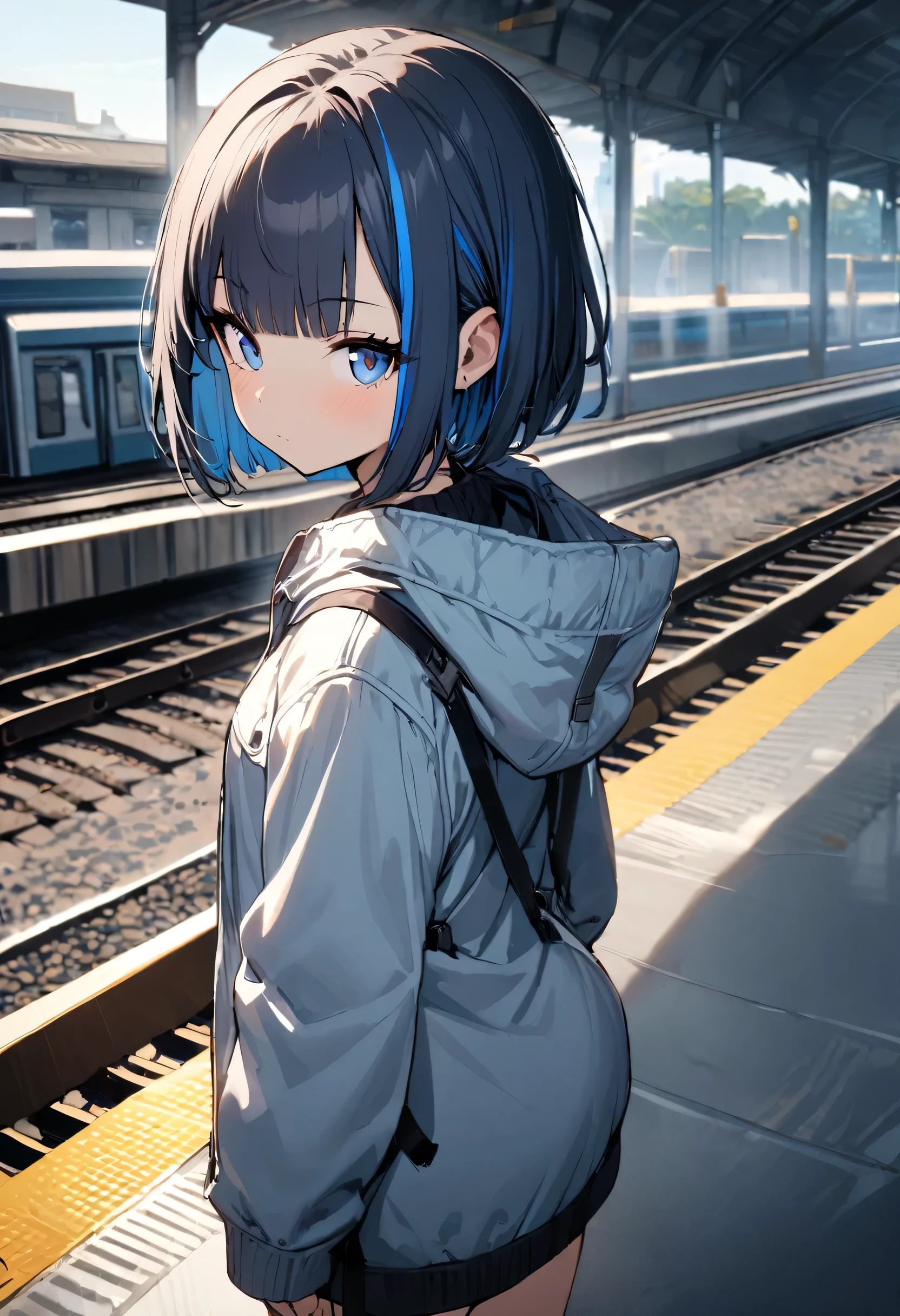 (((1girl))), ((little girl)), whole body, small breasts, (bob cut), (blunt bangs), smoky blue hair, (highlights hair), (white streaked hair), blue eyes, narrowed eyes, expressionless, tsurime, train station, looking at viewer, Parka, Looking back over one’s shoulder, masterpiece, best quality, high details, anatomically correct, high quality, best quality