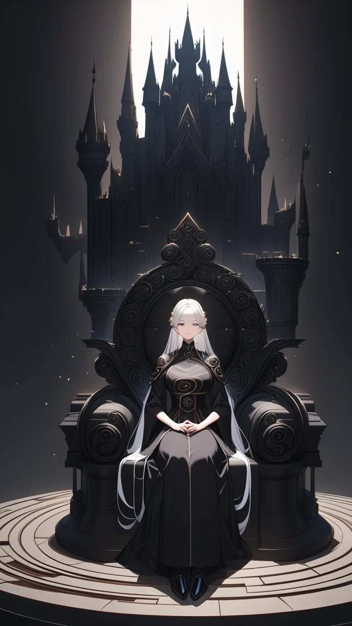 work of art,best qualityer,super big, a white individual sitting, black backdrop, background that has spirals, darkened castles.