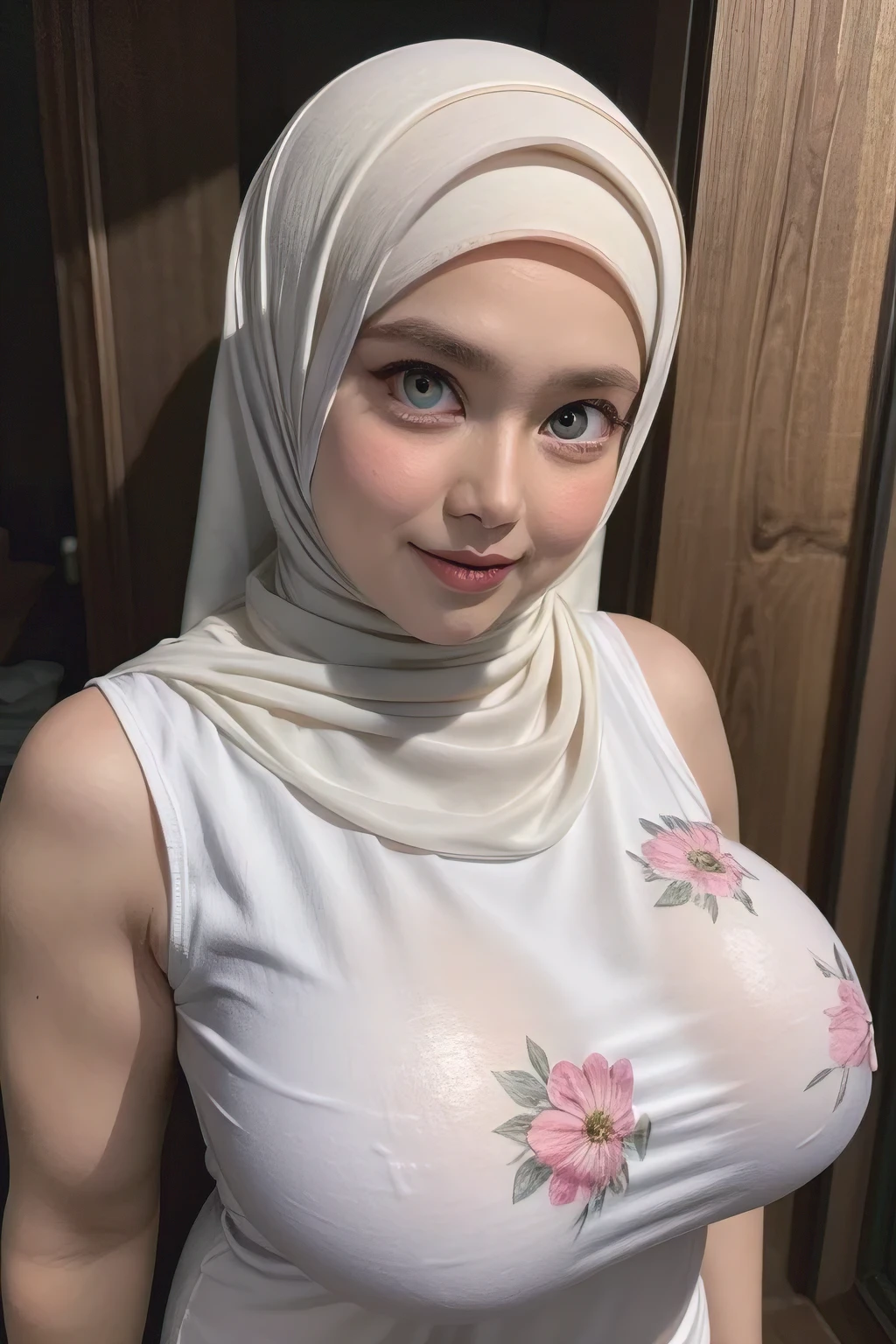 Jumbo (Singlet), Chubby adorable, 1 girl, (face to face), , baby face, hf body portrait, (face details: 1), (eye details: 1), ((big breasts)). wearing transparent transparency soft long shirt, hijab, .. Cute posed. proportional body. Ultra High Res. realistic: 1.4, UHD, ((floral pattern)), view from side seductive pose, ((Bigger Eye:1.5))