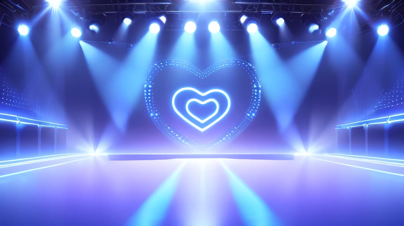 a close up of a stage with spotlights and a blue background, stage background, futuristic room background, arena background, plain studio background, basic background, personal room background, ambient light background, gradient studio background, background(solid), background with neon lighting, ballroom background, studio background, cool background, empty background, plain background, interior background, clean background with a heart in the middle of the stage light blue colorful,science and technology