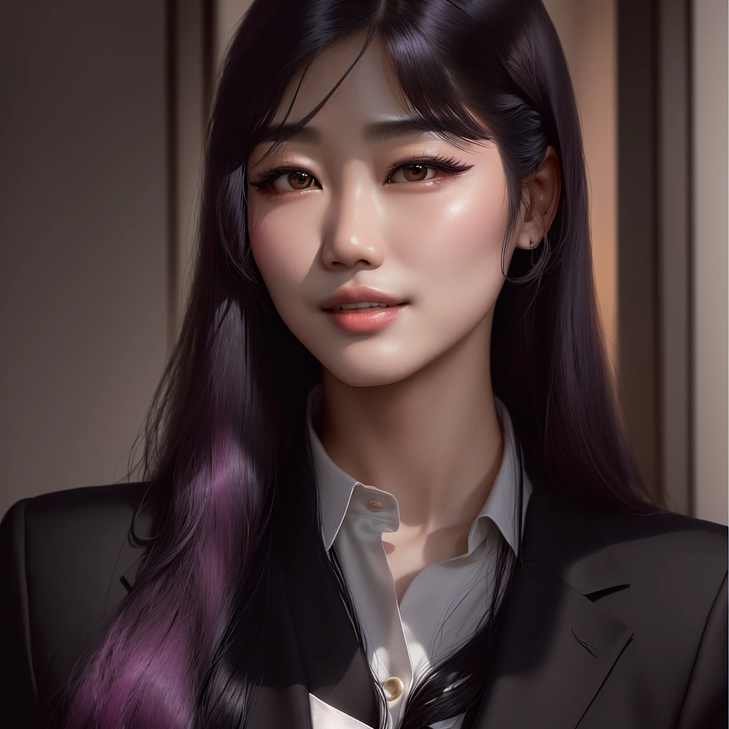 A fifty-something Asian woman with long hair wearing a black suit and tie, Bae Suzy, Lee Ji-eun, Lee Ji-eun, Park Jimin, Choi Hong-hwa, South Korean actress, portrait of Black Pink's Joshi, Hwang Seong, Black Pink's Joshi, Beautiful Korean Women, TWICE's Tzuyu