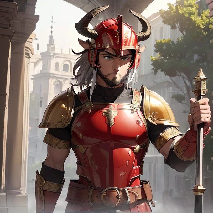 High Resolution, Simple background, Masterpiece, Best Quality, Detail, HD, High Quality, 
{{(male adult faun centurion: (fair skin, green eyes, pointy short black beard, sharp nose, black eyebrows, two goat firm horns), (crimson roman centurion helmet, roman crimson armor steel cuirass, bulky roman crimson shoulder plates, red roman armmored arms plates, crimson elbow plates, yellow belt, crimson armor hips, crimson knee armor plates, (yellow spear and silver roman gladius sword)), (rainy morning, roman white streets, roman houses, roman white pillars))}}