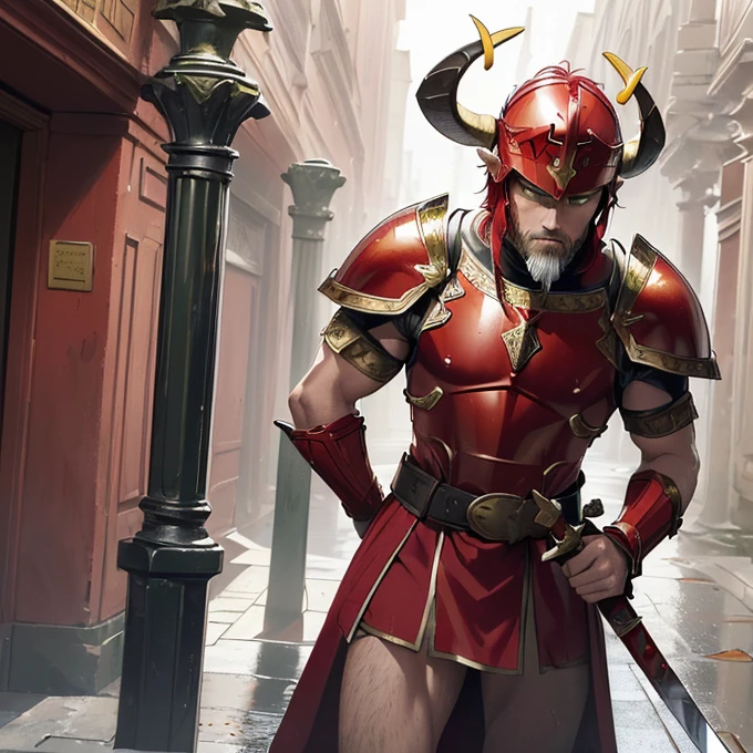 High Resolution, Simple background, Masterpiece, Best Quality, Detail, HD, High Quality, 
{{(male adult faun centurion: (fair skin, green eyes, pointy short black beard, sharp nose, black eyebrows, two goat firm horns), (crimson roman centurion helmet, roman crimson armor steel cuirass, bulky roman crimson shoulder plates, red roman armmored arms plates, crimson elbow plates, yellow belt, crimson armor hips, crimson knee armor plates, (yellow spear and silver roman gladius sword)), (rainy morning, roman white streets, roman houses, roman white pillars))}}