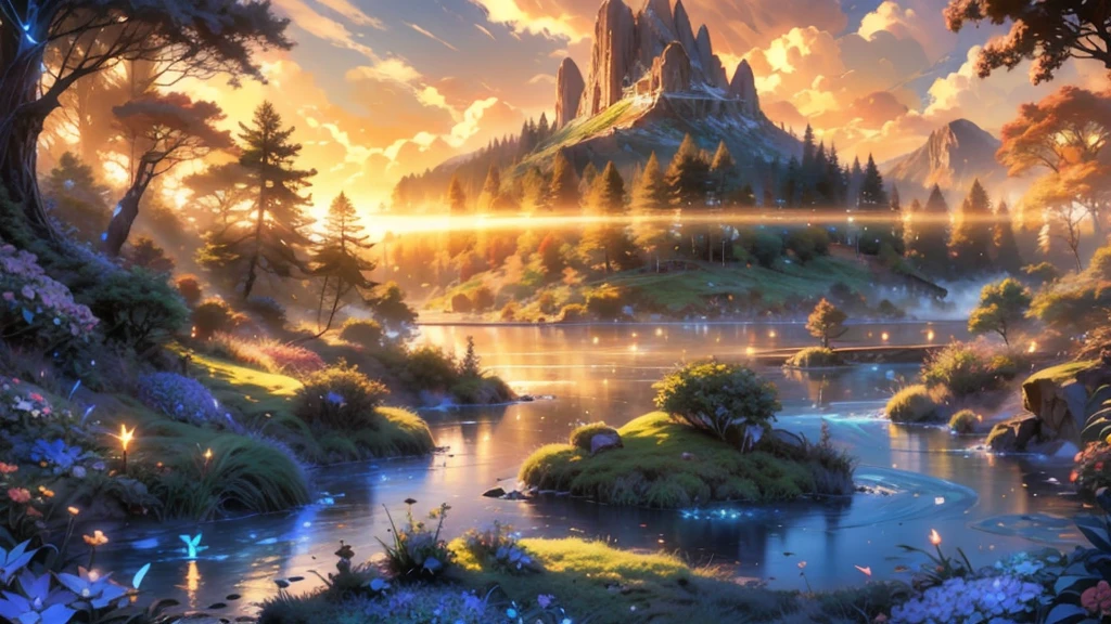 large deep clear glowing blue lake with island in the centre in a valley with huge dramatic mountains towering in the distance, ornamental lawns, rocks plants flowers shrubs trees moss lawns grass redwoods,sunset storm and strong sunbeams,misty hazy,extreme details,photorealistic,4k,HD,beautiful,nature, dreamy, imaginative