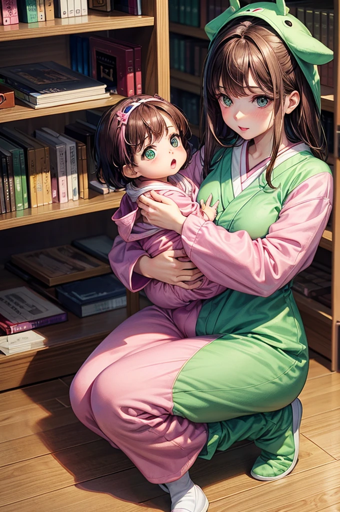 Seven months old baby, brown hair, green eyes, sharp eyes, pale skin, pink lips, short, wear puple onesie, Japanese, in a library.
