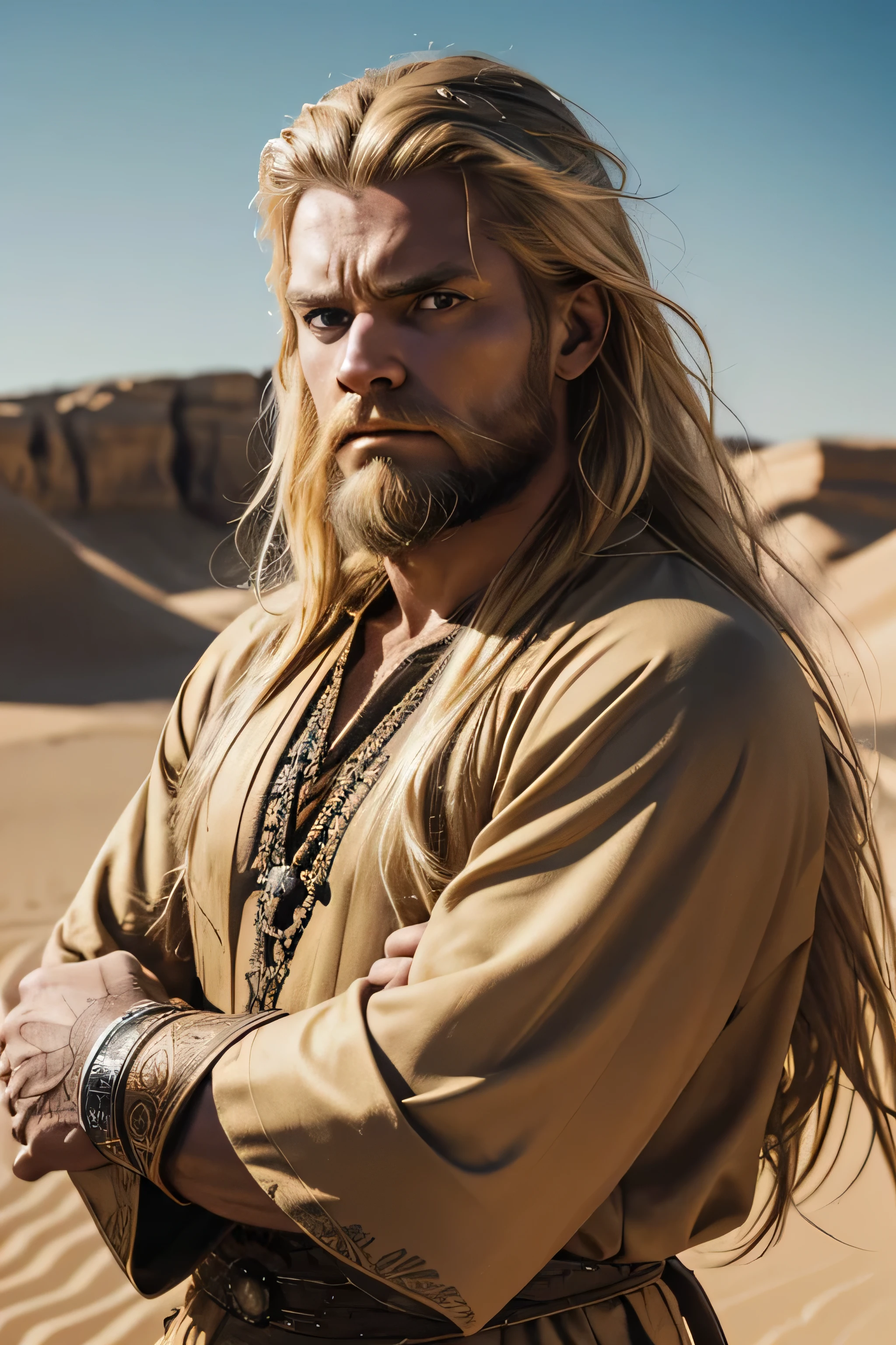 1 male viking, long blond hair, rough beard, wearing a caftan, ugly face, looking angry, 30 years old, desert background, absurdres, high res, ultrasharp, 8K, masterpiece, the image should be of absurd resolution and high detail. It should be ultra-sharp and available in 8K resolution, representing a masterpiece in image quality.