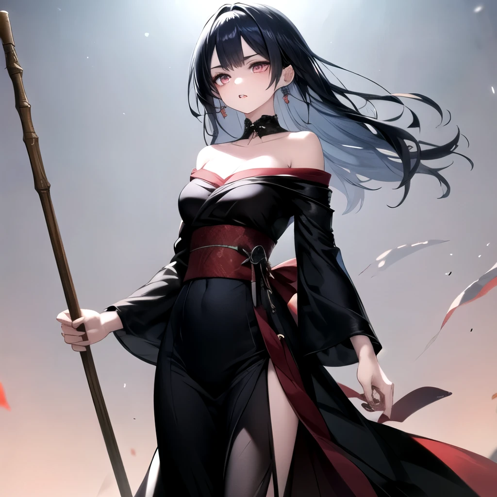 Wizard、Japanese beauty、Thin eyebrows、Bright red lipstick、Narrow eyes、Angry face、Staring at me、Have a big wooden cane、Beautiful shoulders、black clear eyes、Black Hair、Black silk dress、Standing alone、