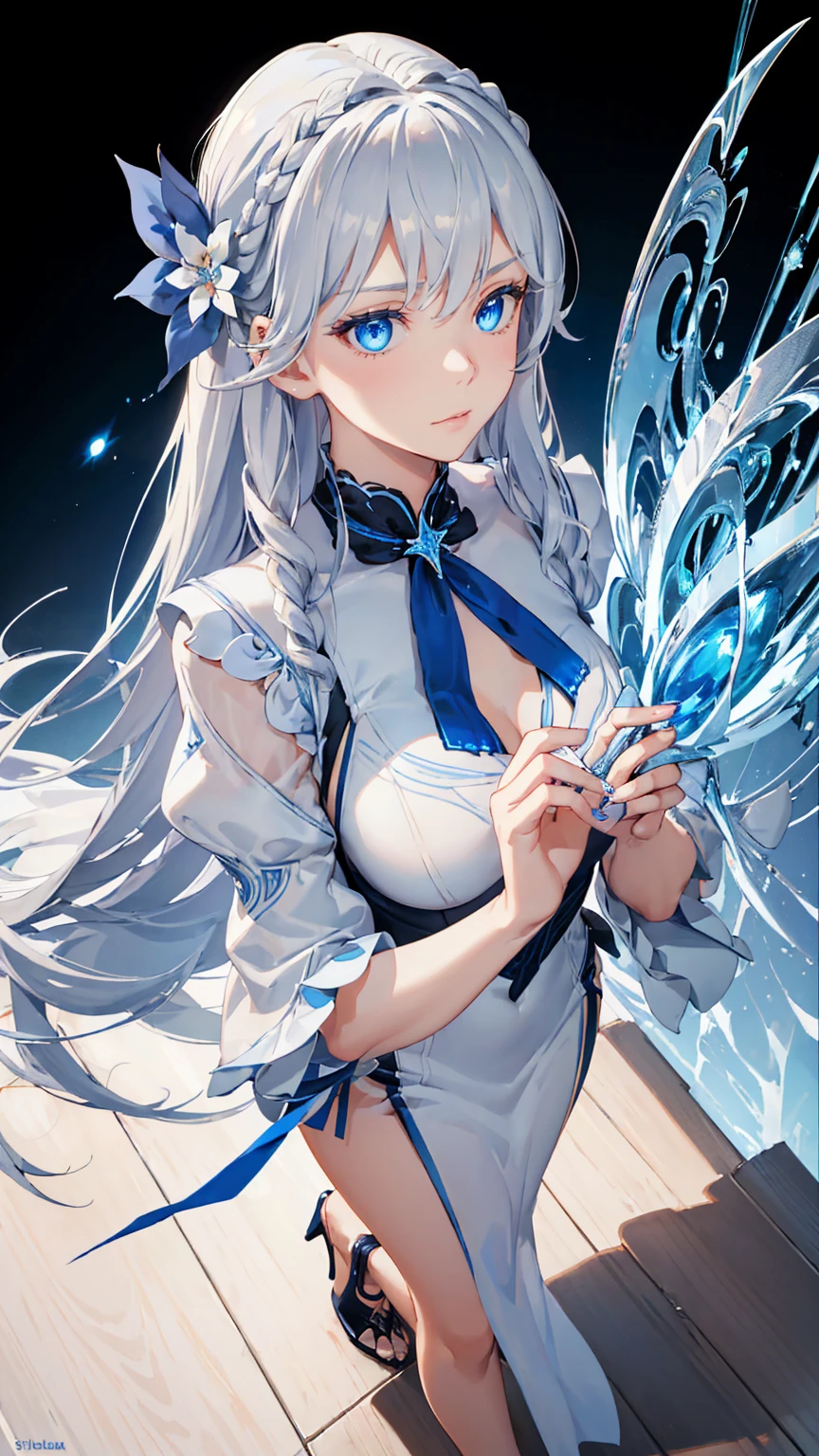 (Overhead view),dynamic angle,ultra-detailed, illustration, close-up, straight on, 1girl, (fantasy:1.4), (azure blue eyes:1.233),Her eyes shone like dreamy stars,(glowing eyes:1.233),(beautiful and detailed eyes:1.1),(Silver hair:1.14),(messy hair,very long hair,french braid,hair between eyes,sidelocks), ((bule hair flower:1.14)),(High Slit Evening Dress, Stiletto Pumps) ,(expressionless,closed mouth),(standing), (Wooden Background), [[delicate fingers and hands:0.55]::0.85],(detailed fingers)