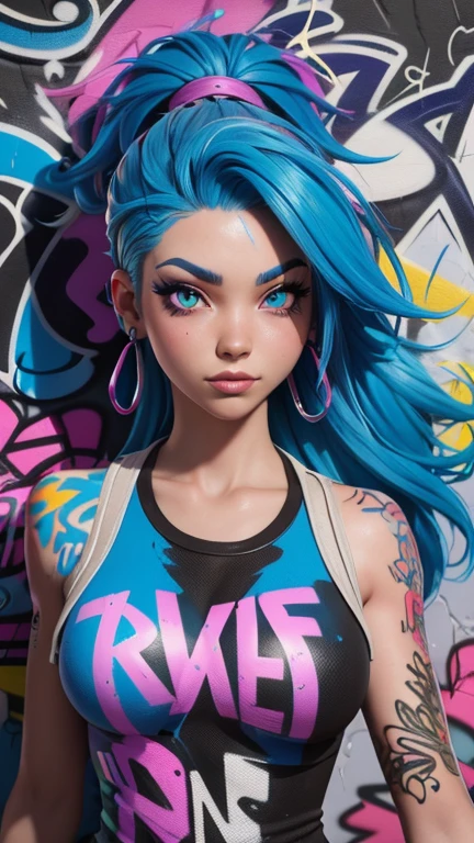 A close up of a person with a blue hair and a colorful top (best quality), (high detail), (vivid colors), (graffiti style), (freestyle), (Close up), (1girl), sexy female graffiti artist, spraying graffiti on a wall painted with street art, HDR, 4K, 3D, graffiti art style.