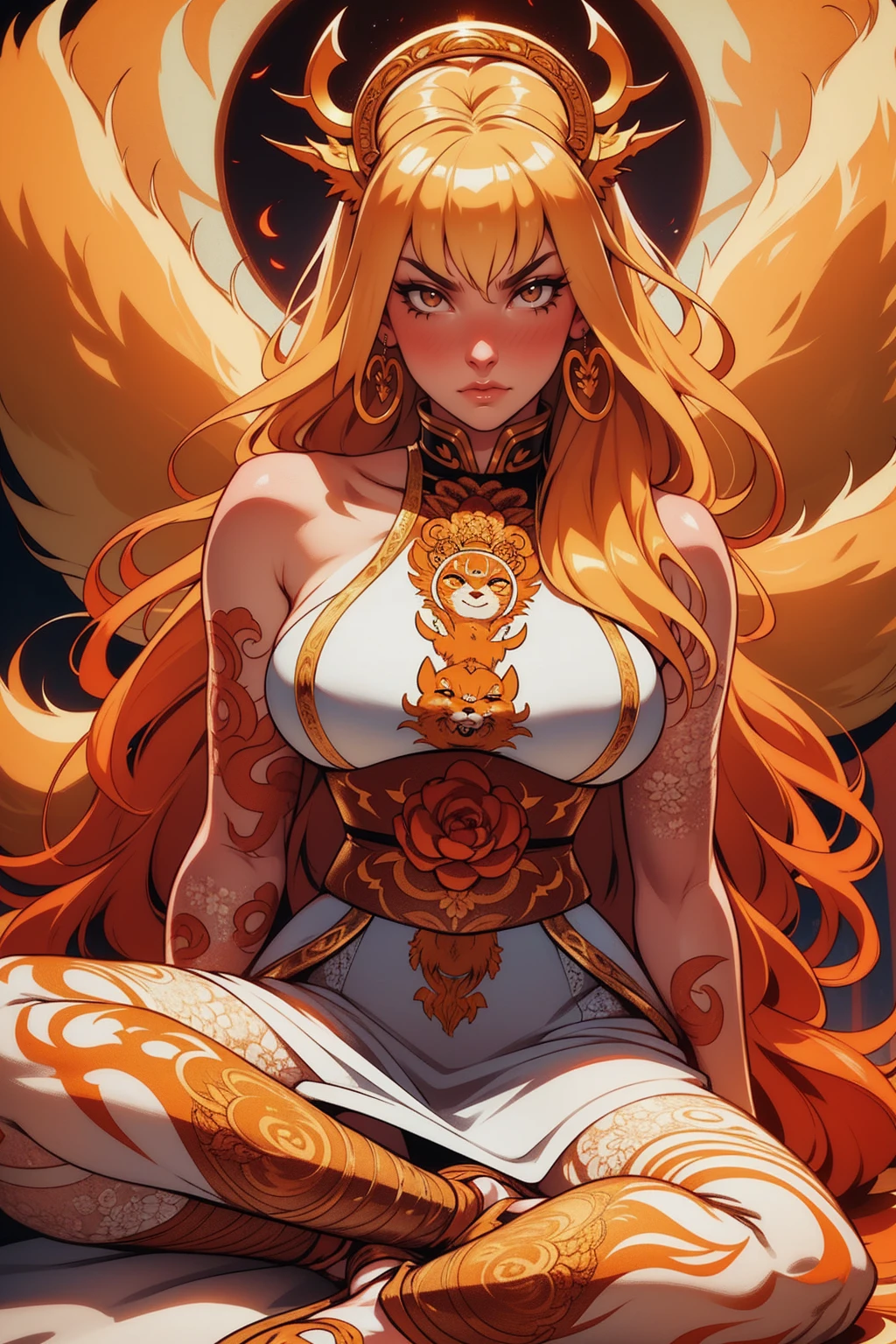 REALISTIC VISION 1.4, BETTER VAE,sharp focus, ultra detail, 32k,realistic photo, intricate details, kitsune, blond hair, (blond hair), orange eyes, intricate details ,woman, nine tails, intricate details,intricate details,big , Voluptuous body, intricate details, Miko, clothes long white dress with red details intricate details, tattoos intricate details, full body, with a orange nine tails fox , kiuubi (kurama, naruto), angry face, sitting on the ground, on attack
