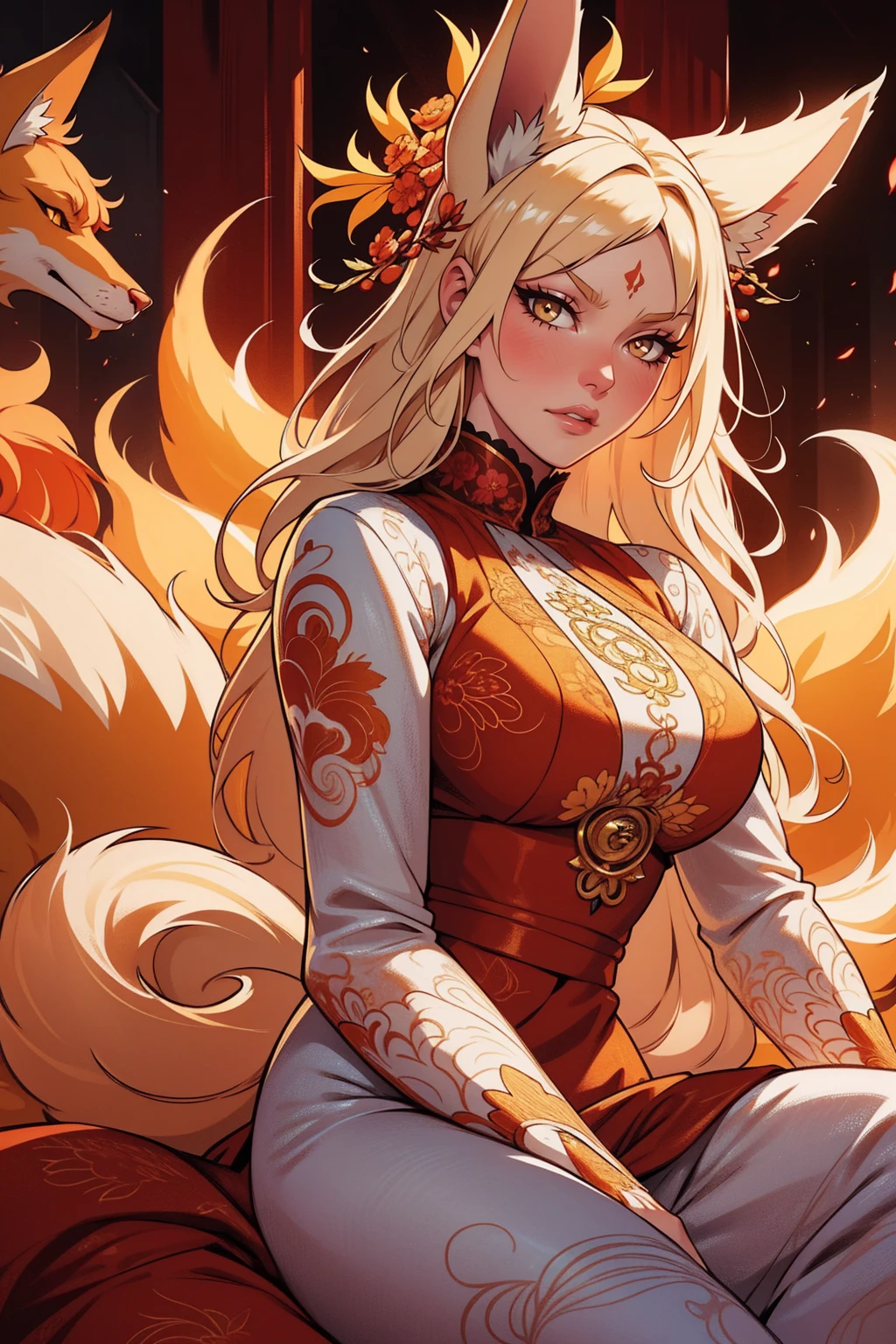 REALISTIC VISION 1.4, BETTER VAE,sharp focus, ultra detail, 32k,realistic photo, intricate details, kitsune, blond hair, (blond hair), orange eyes, intricate details ,woman, nine tails, intricate details,intricate details,big , Voluptuous body, intricate details, Miko, clothes long white dress with red details intricate details, tattoos intricate details, full body, with a orange nine tails fox , kiuubi (kurama, naruto), angry face, sitting on the ground, on attack