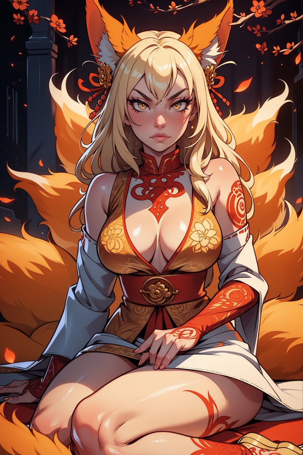 REALISTIC VISION 1.4, BETTER VAE,sharp focus, ultra detail, 32k,realistic photo, intricate details, kitsune, blond hair, (blond hair), orange eyes, intricate details ,woman, nine tails, intricate details,intricate details,big , Voluptuous body, intricate details, Miko, clothes long white dress with red details intricate details, tattoos intricate details, full body, with a orange nine tails fox , kiuubi (kurama, naruto), angry face, sitting on the ground, on attack