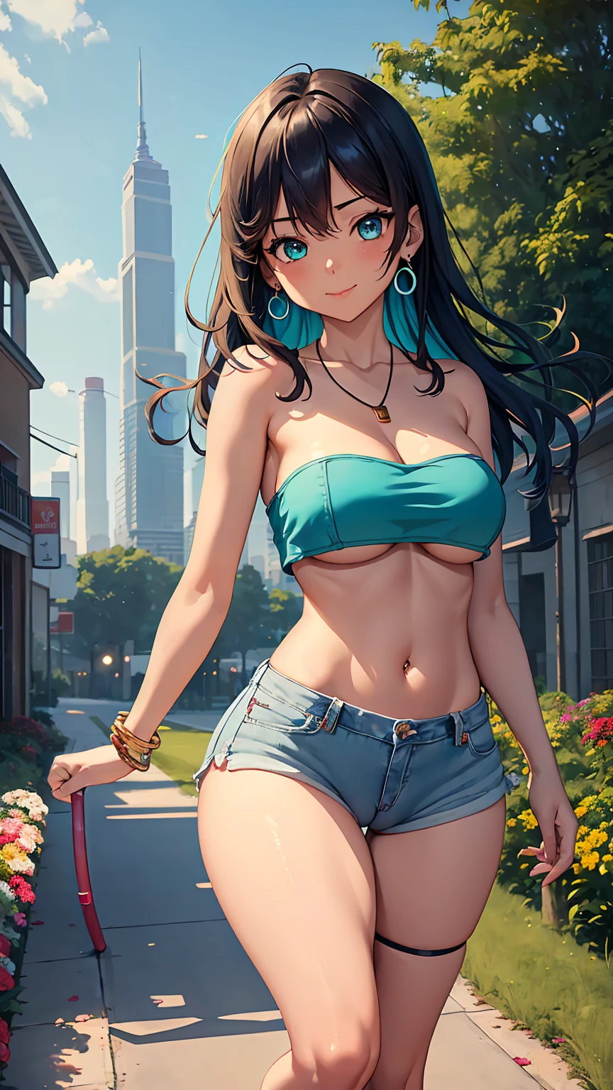 1girl, anime girl, anime, (dark skin), bracelet, necklace, earrings, 2d girl, 18y, (fullbody), anime girl, seductive smile, (turquoise hair), flowing hair, hair flowing in the wind, ((mini,tube top,strapless)), ((underboob view)), (((hands on our breasts))), cleavage, Solo, Slim, Big Breasts, Tight Shorts, low waist shorts, upshorts, outdoors, night background, flowers, looking at viewer, darker shadows, (((explicit))), (((short,shorts))), (((absurdres))), (((thigh gap))), (((NSFW))), (((cameltoe))), (((lowleg shorts))), (((sexy))), (((sensual))), (((cameltoe,Detailed description vagina))), (((mini tube))), (((Tube Top))), (((Strapless)))