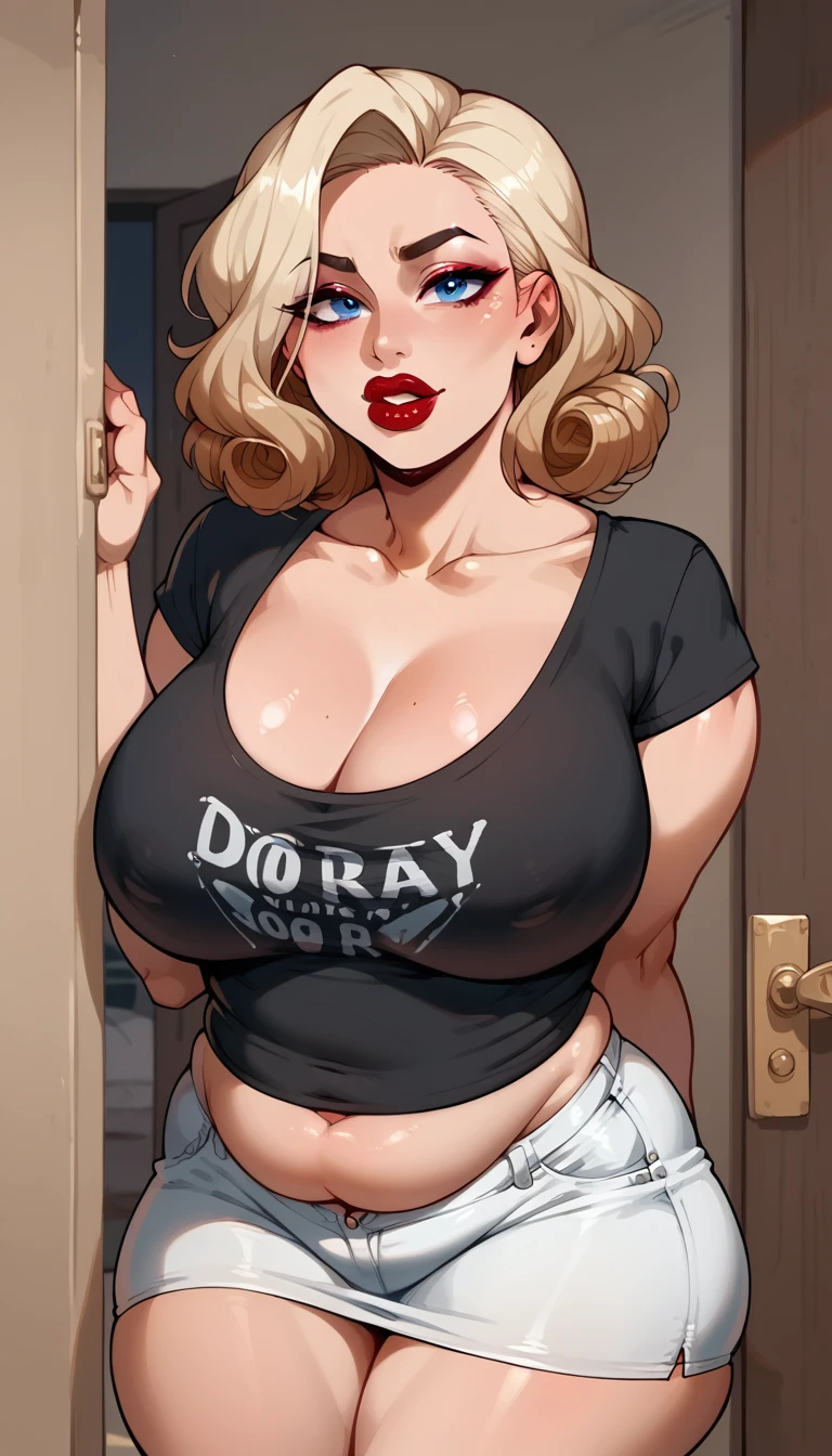 a 30 year old fat woman, adult, with a huge bust and exaggeratedly large ass, thick lips, blondie hair, curly and short, and ocean blue eyes, heavy and elegant wine-colored makeup, dark red lipstick. She wears a sexy short black t-shirt and a white denim skirt while looking at you seductively biting her lower lip. casual atmosphere, livingroom, front door open, leaning against the door Extremely plump body Plump body, gorda, Fat body 