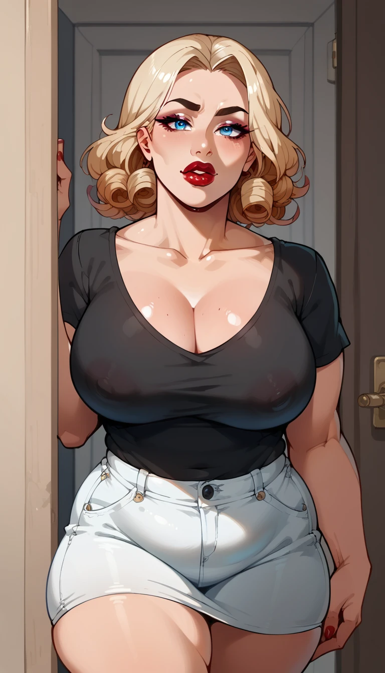 a 30 year old fat woman, adult, with a huge bust and exaggeratedly large ass, thick lips, blondie hair, curly and short, and ocean blue eyes, heavy and elegant wine-colored makeup, dark red lipstick. She wears a sexy short black t-shirt and a white denim skirt while looking at you seductively biting her lower lip. casual atmosphere, livingroom, front door open, leaning against the door Extremely plump body Plump body, gorda, Fat body