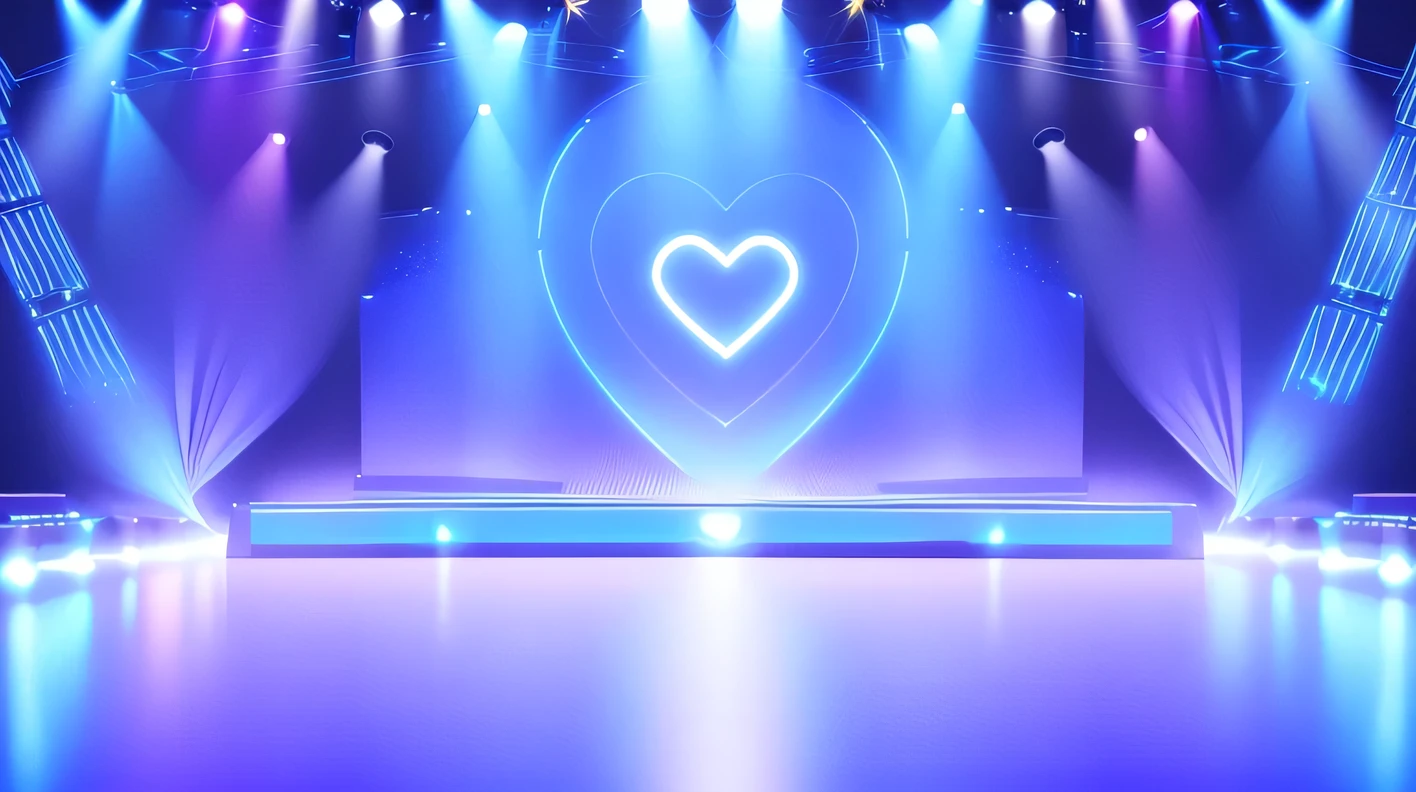a close up of a stage with spotlights and a blue background, stage background, futuristic room background, arena background, plain studio background, basic background, personal room background, ambient light background, gradient studio background, background(solid), background with neon lighting, ballroom background, studio background, cool background, empty background, plain background, interior background, clean background with a heart in the middle of the stage light blue colorful,science and technology
