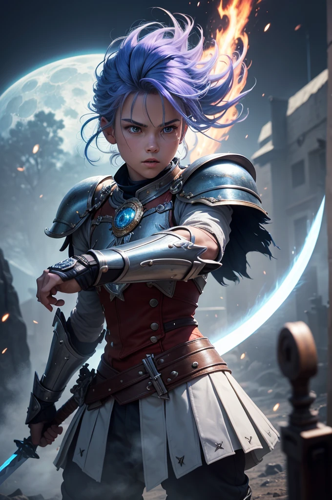 in the sky there are big words "bojes sambas" wabstyle, shining, two-colored hair, mist, mist, dual wielding, fighting moves, (white|black:0.5), armor, glowing weapons, energy swords, fire blue, moon red, holding sword, sword, 1boy, solo, (photorealistic: 1.4), cowboy shot, cinematic angle, fisheye, motion blur, zwd, md,