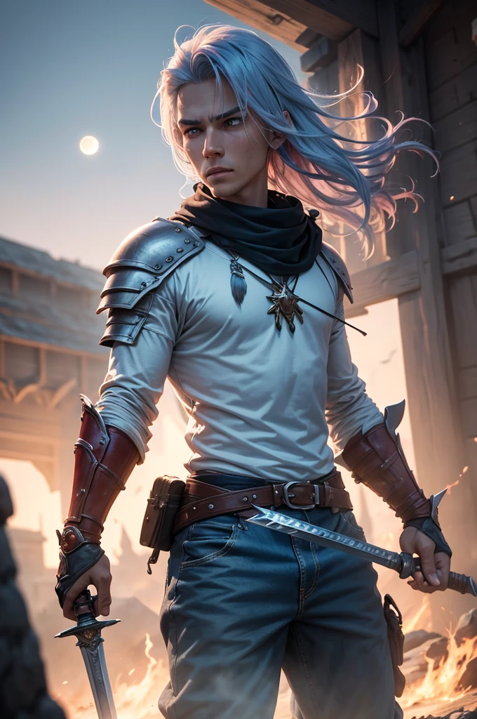 in the sky there are big words "bojes sambas" wabstyle, shining, two-colored hair, mist, mist, dual wielding, fighting moves, (white|black:0.5), armor, glowing weapons, energy swords, fire blue, moon red, holding sword, sword, 1boy, solo, (photorealistic: 1.4), cowboy shot, cinematic angle, fisheye, motion blur, zwd, md,