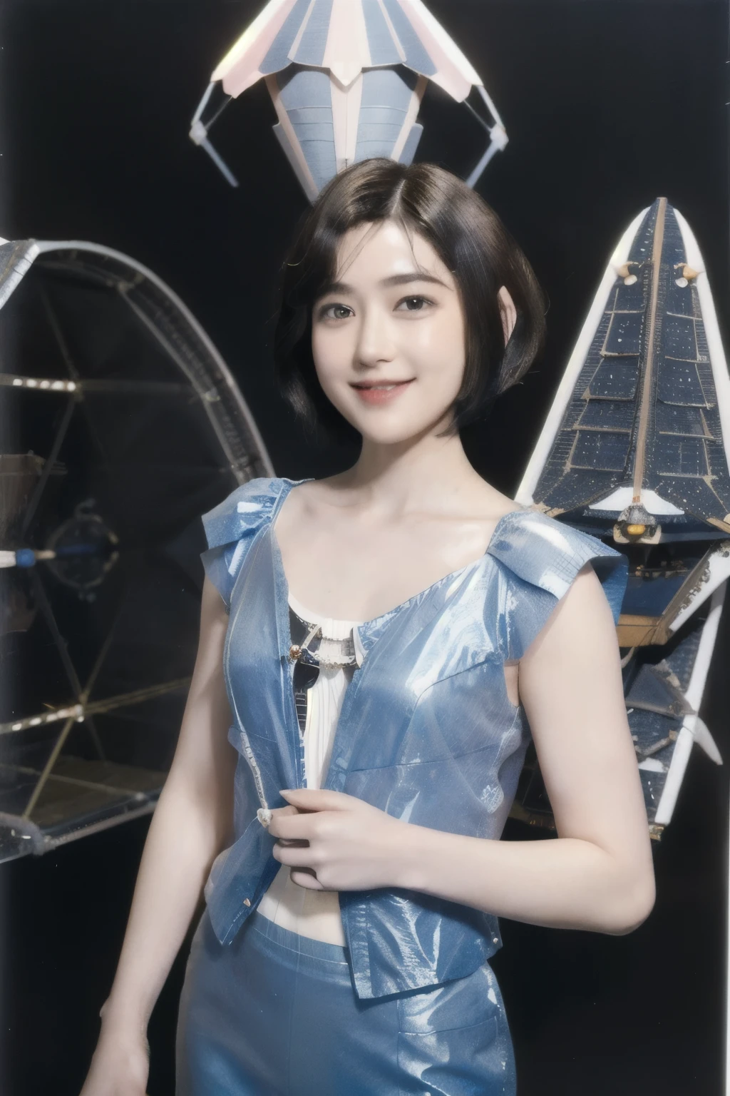268 (20-year-old princess,Are standing), ((short hair:1.46)), (chest:1.46), Old-fashioned smile, (flower), (Spaceship:1.46)