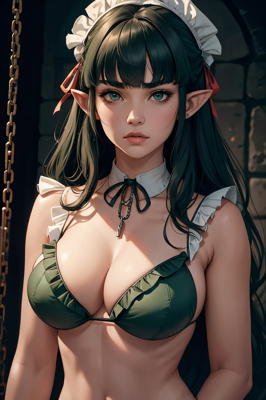 (1 eleven, work of art, best qualityer, ultra detali, Beautiful detailed, (((extreme detailed face))), (((Blunt bangs))), (((big ruffles and ribbon))), mournful look, ( ((dark green bikini))), shoulder length black hair, greeneyes, red thin lips, Round face, big breasts with cleavage, waist long, 1.67m by 46kg, standing chained in the dungeon ((chains on hands and neck)) dramatic scene,  pointy ears.