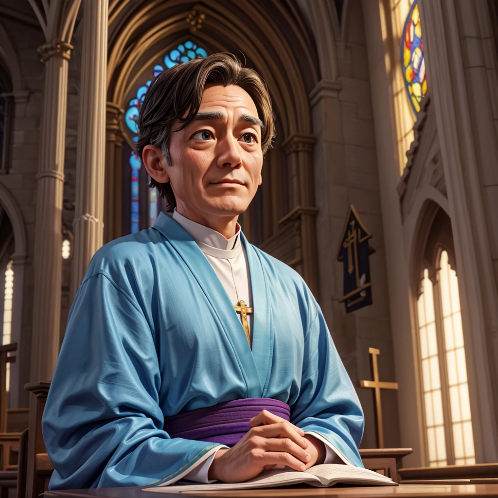 Vivid depiction、３DCG、Draw wrinkles in detail、Fantasy、live-action、Close-up of face、A priest in gorgeous robes、The background is inside a shining church
