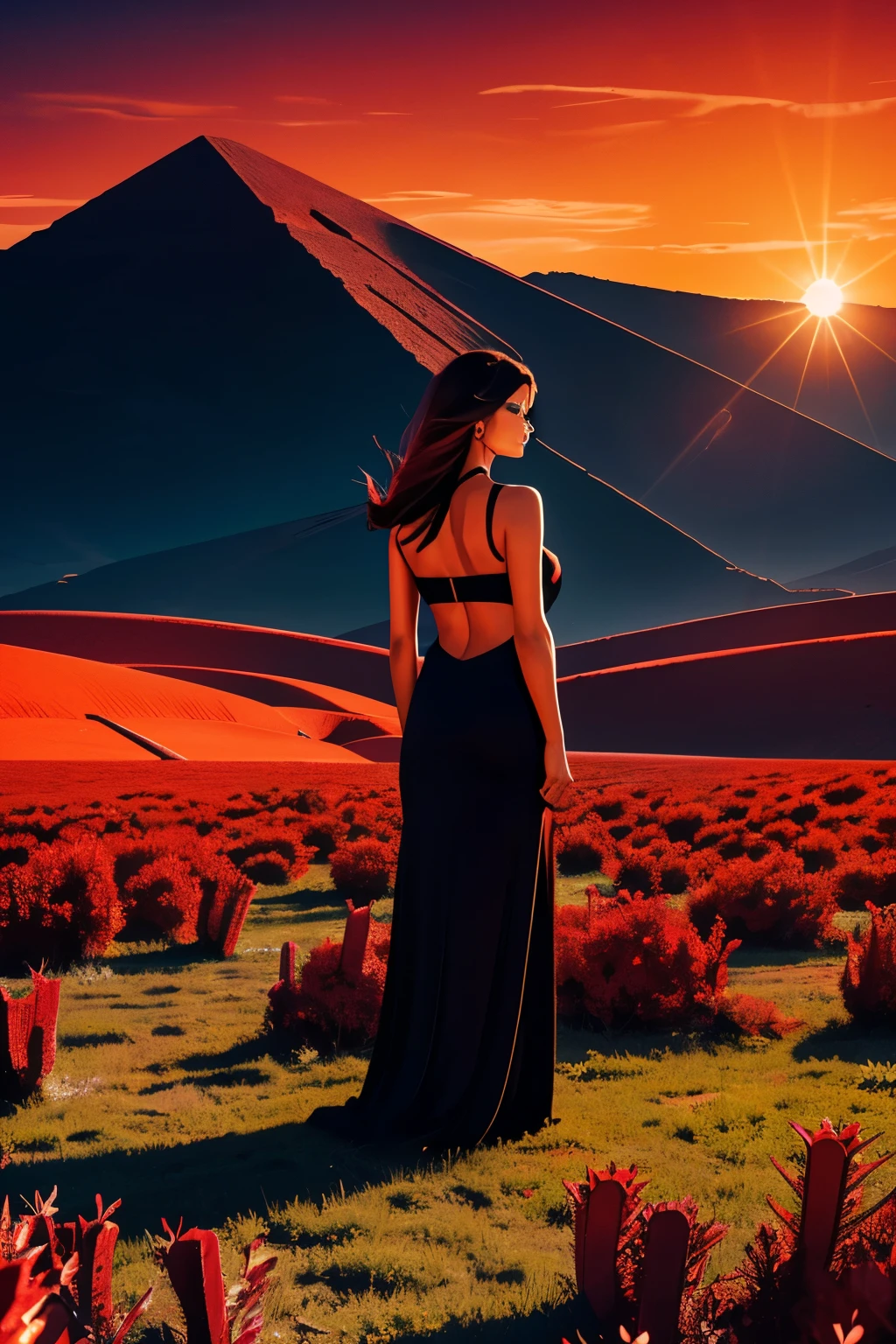 **Digital artwork featuring a BEAUTIFUL AND GORGEOUS WOMAN MODEL in a surreal landscape of PRE-HISPANIC MEXICO under a large red sun. The style is minimalistic and focuses on bold contrasts and sharp lines. The design includes a vast expanse of ruins and pyramids in the foreground, with sparse vegetation such as prickly pears and bushes. In the background, there are jagged mountain peaks, also bathed in a red light, creating a dramatic and otherworldly atmosphere. The sky is completely black, enhancing the stark contrast with the red elements. The overall color palette is dominated by shades of red and black, giving the scene a striking and intense visual impact**