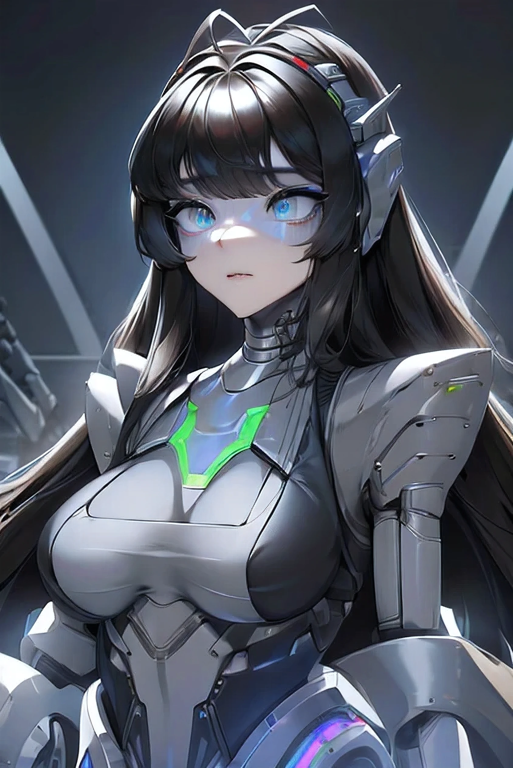 empty eyes,robotized woman ,big bust,Robot Joint ,Metal skin,Black Suit,long hair,a suit that covers the whole body,mechanization,robot, antenna