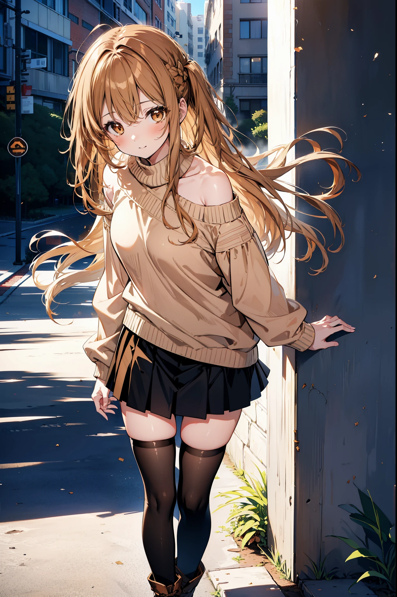 a sun ayuuki, a sun a yuuki, Long Hair, Brown Hair, (Brown eyes:1.8),smile,blush,Red one-shoulder sweater,mini skirt,Black tights,short boots,Daytime,Clear skies,Walking,whole bodyがイラストに入るように,
break outdoors, Building district,
break looking at viewer, whole body,
break (masterpiece:1.2), Highest quality, High resolution, unity 8k wallpaper, (figure:0.8), (Beautiful attention to detail:1.6), Highly detailed face, Perfect lighting, Highly detailed CG, (Perfect hands, Perfect Anatomy),