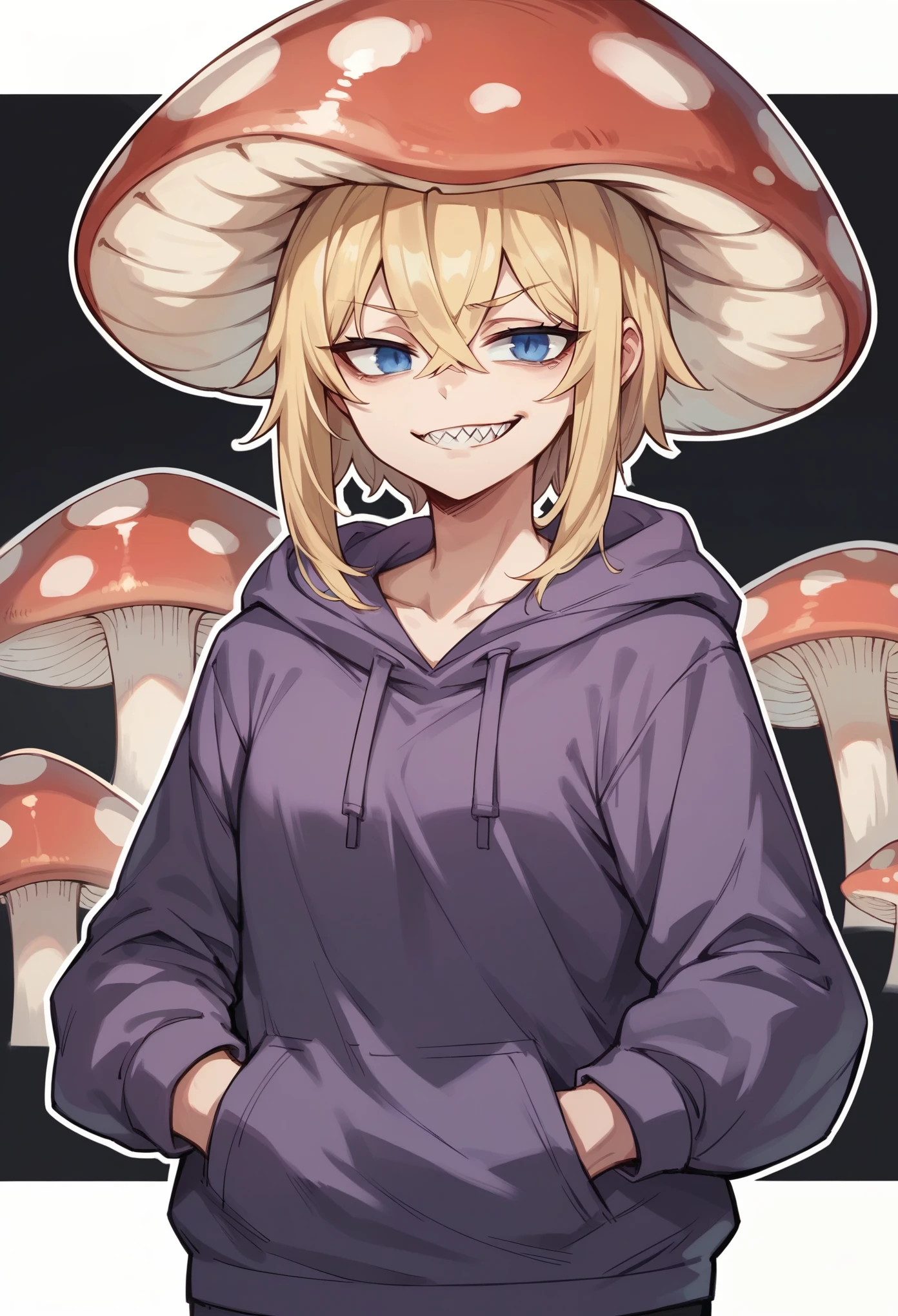 1 girl, solo, black background, blonde hair, crossed bangs, blue eyes, tired, anime artstyle, white outline, large red mushroom on head, mushroom girl, purple hoodie, cowboy shot, hands in pocket,sharp teeth,smirk, slight grin