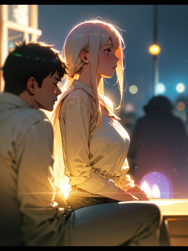 (Sumilux f1.4 50mm , low Latitude old color negative film , cross process , bokeh, flare, chromatic aberration , soft focus, (Shallow focus) , soft glow , Maximum aperture, high Key , Transparent depiction) , artistic photo , looking away , A bar with blues music, men and women couple , adult time