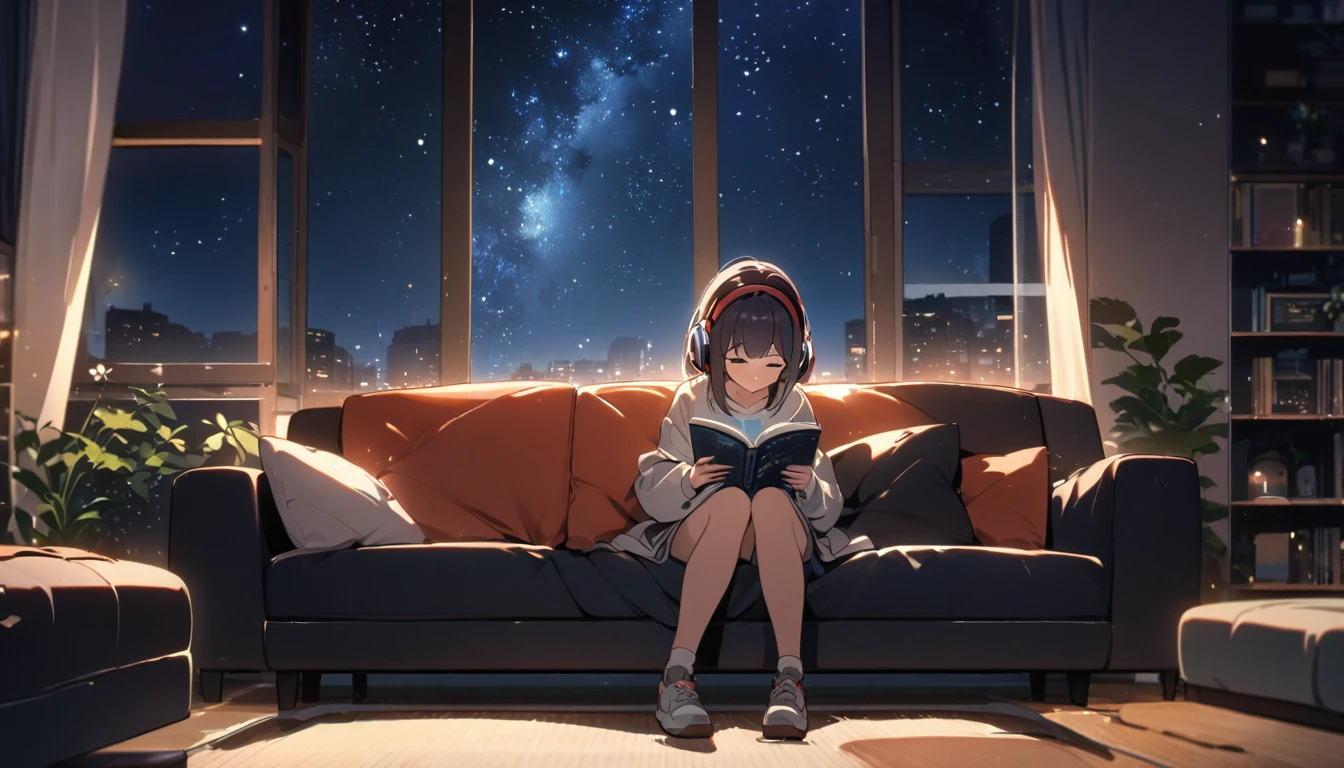 Girl sitting on sofa reading a book,In front of a large window,Night starry sky,Streetscape、listen to music、