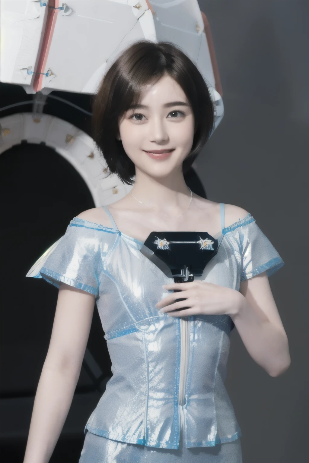 268 (20-year-old princess,Are standing), ((short hair:1.46)), (chest:1.46), Old-fashioned smile, (flower), (Spaceship:1.46)
