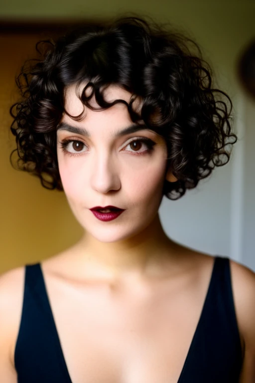 Beautiful young 22 yrs woman, (close-up, editorial portrait photograph), [[wide angle photo]], (background inside dark, moody, private study:1.3), full body portrait, by lee jeffries, nikon d850, film stock photograph, 4 kodak portra 400, camera f1.6 lens, rich colors, hyper realistic, lifelike texture, dramatic lighting, cinestill 800, curly short hair, up face with 1 9 2 0 s hairstyle, short curly hair, french bob, curly pixie cut hair, curly pixie hair, short black curly hair, very short curly hair, curly right part haircut, curly bangs, short french bob, soft makeup, Dark Hazel eyes, Eye contact
