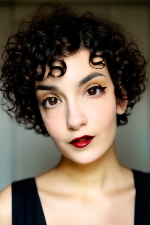 Beautiful young 22 yrs woman, (close-up, editorial portrait photograph), [[wide angle photo]], (background inside dark, moody, private study:1.3), full body portrait, by lee jeffries, nikon d850, film stock photograph, 4 kodak portra 400, camera f1.6 lens, rich colors, hyper realistic, lifelike texture, dramatic lighting, cinestill 800, curly short hair, up face with 1 9 2 0 s hairstyle, short curly hair, french bob, curly pixie cut hair, curly pixie hair, short black curly hair, very short curly hair, curly right part haircut, curly bangs, short french bob, soft makeup, Dark Hazel eyes, Eye contact
