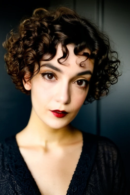 Beautiful young 22 yrs woman, (close-up, editorial portrait photograph), [[wide angle photo]], (background inside dark, moody, private study:1.3), full body portrait, by lee jeffries, nikon d850, film stock photograph, 4 kodak portra 400, camera f1.6 lens, rich colors, hyper realistic, lifelike texture, dramatic lighting, cinestill 800, curly short hair, up face with 1 9 2 0 s hairstyle, short curly hair, french bob, curly pixie cut hair, curly pixie hair, short black curly hair, very short curly hair, curly right part haircut, curly bangs, short french bob, soft makeup, Dark Hazel eyes, Eye contact
