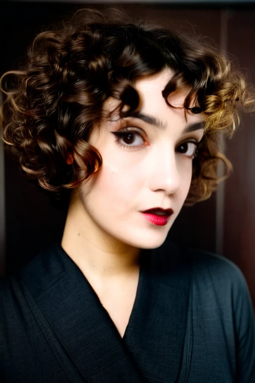 22 yrs Beautiful woman, ultra short french bob haircut, right hair part, side of head shaved, side shave, Flowing pastel sleeveless gown, (close-up, editorial photograph), [[Wide-angle photo]], (background inside dark, moody, private study:1.3), full body portrait, by lee jeffries, nikon d850, film stock photograph, 4 kodak portra 400, camera f1.6 lens, rich colors, hyper realistic, lifelike texture, dramatic lighting, velvia 50, eye contact, faint smile, wavy short french bob hair, 1920s hairstyle, short wavy hair, french bob, wavy pixie cut hair, wavy pixie hair, short black wavy hair, very short wavy hair, short french bob, bowlcut hair, shaved nape, shaved undercut, side shave, soft makeup, Dark Hazel eyes, Eye contact, pretty young woman in her 20's,
