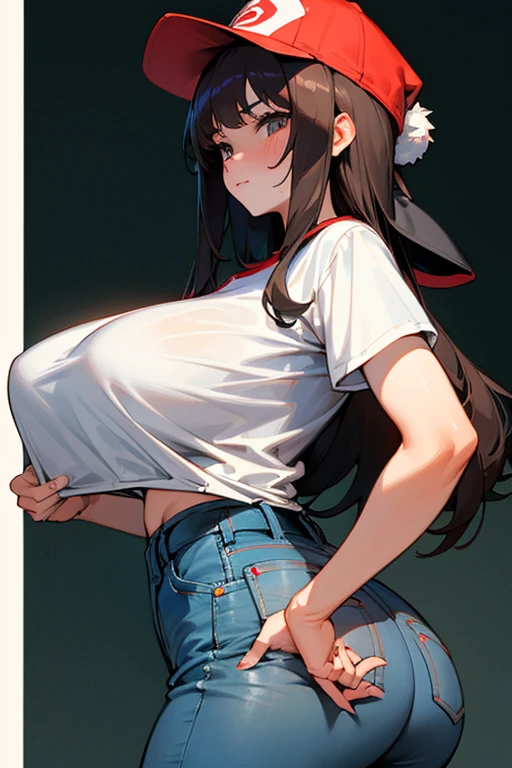 masterpiece,beauty, Girl in a jacket, T-shirt and jeans, Red Hat, big breasts, big ass, Fuko Izumi, Beautiful face , anatomical body shape, Confused face
