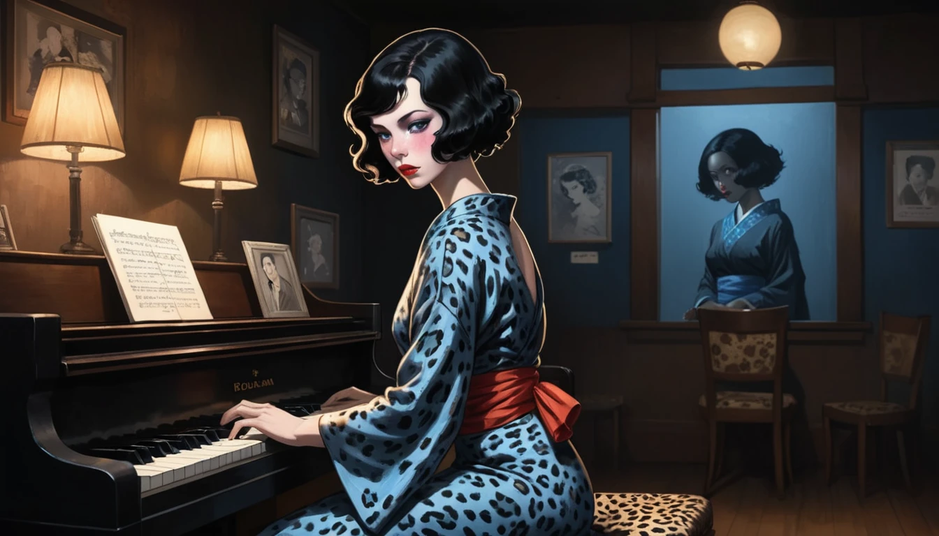 robert johnson, gritty, alabama bar, blue note, charismatic , leopard skin dress, illustration, noir fantasy, lone lady, sad ending, japanese kimono woman pianist