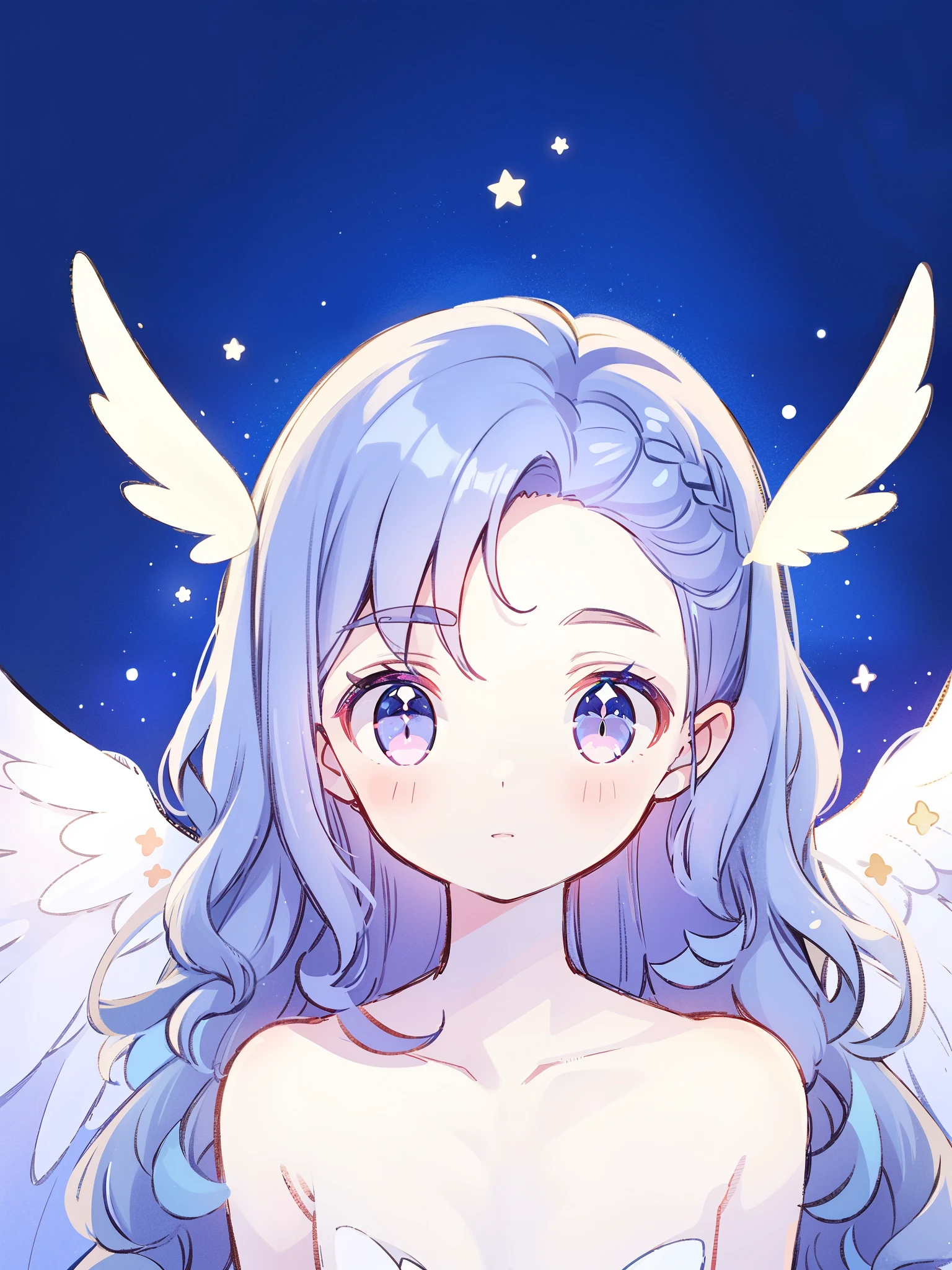 nude angel girl wearing an ethereal translucent dress, pale skin, ((wavy gradient blue purple hair)), white feathers, angel wings, sparkling detailed eyes, golden ratio face, perfect composition, highly detailed, ethereal, (starry night sky background), midjourney style