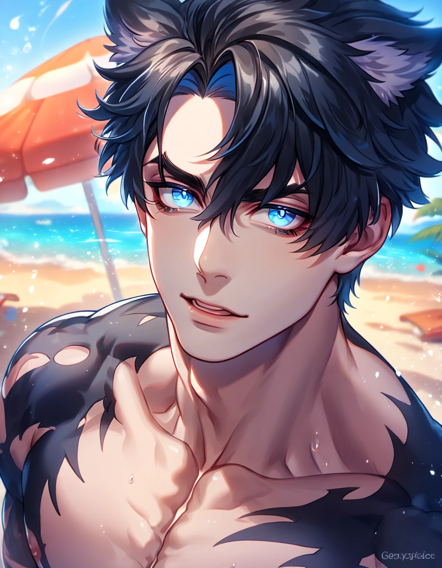absurdres, highres, ultra detailed, HDR, master piece, best quality, detailed eyes, extremely detailed, delicated features, Wriothesley, black hair, expressive blue eyes, Genshin Impact, solo, sexy man, handsome, manly man, sensual, erotic, bare chest, magical, fantasy, sea, beach, blue sky
