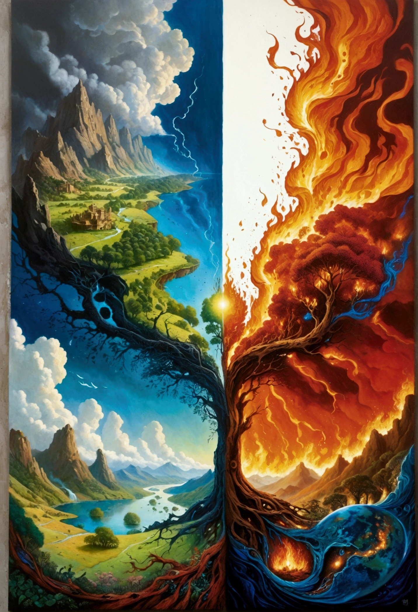 Imagine an interpretation of our planet divided into two halves. One half is serene and radiant, filled with vibrant landscapes, lush green forests, flowing rivers, and crystal blue skies, where creatures live harmoniously, depicting a sense of peace. Contrastingly, the other half is engulfed in flames, displaying burnt reddish landscapes, lifeless trees, smoky atmosphere, and land gradually eroding away, symbolizing decay and loss. The image conveys a stark duality between life and death. All of this is set against a pure, stark white background, emphasizing the differing conditions of the two hemispheres.