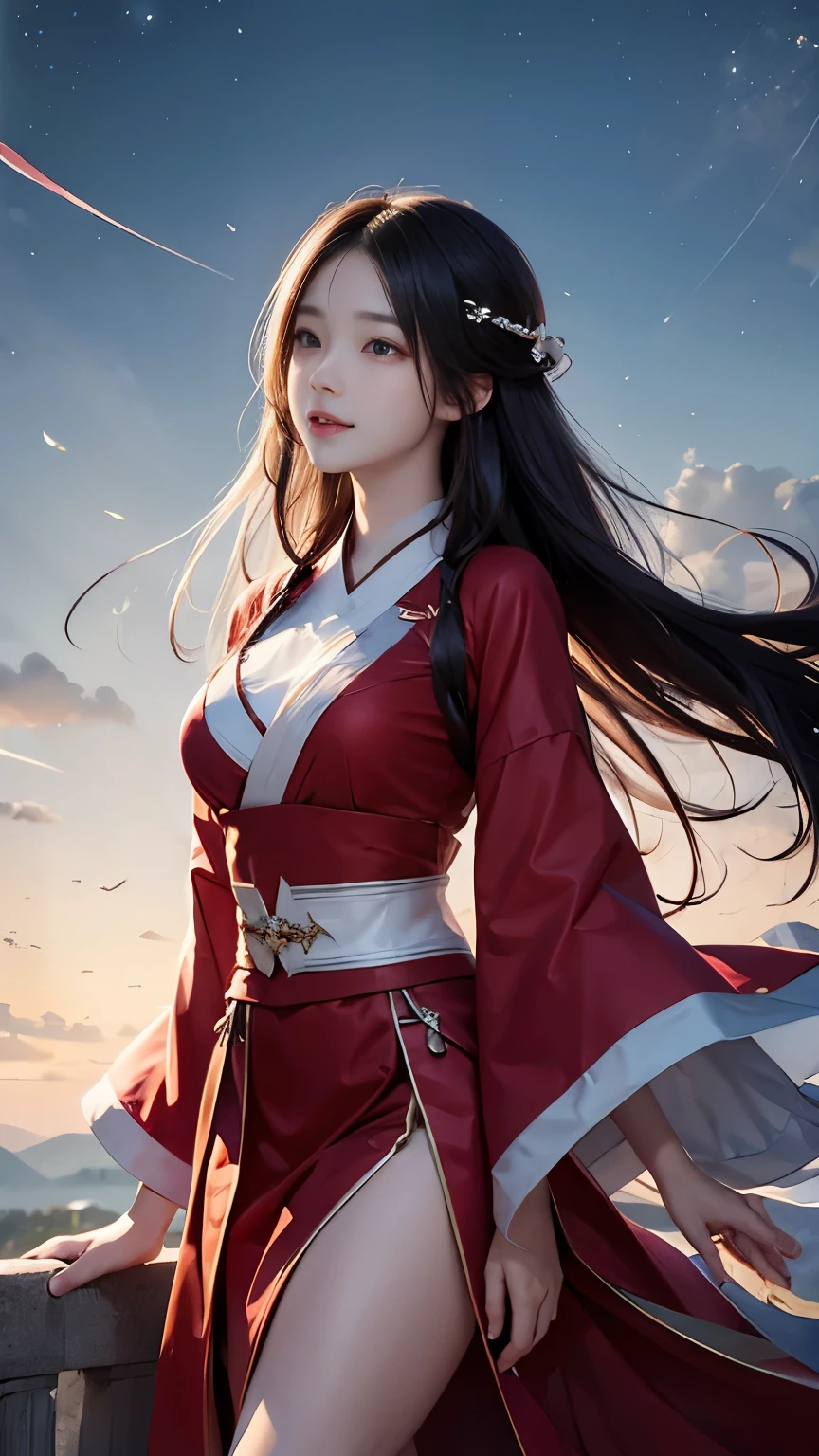 (logo、masterpiece、8k、Tabletop、RAW Photos、wonderful、最high quality、フォトリアルでVery detailedなCG合成8k壁紙、high quality、Very detailed、Narrative poem、Particle Effects、Dynamic Effects、Depth of the Boundary) What is written is、Cinematic Light、Lens flare、Ray Tracing)、Fantasy、(night、night空、Starry Sky、full moon)、(Girl looking up at the sky)、(Red dress)、sit、cute、Japanese style、(smile)、Long Black Hair、Strong winds、(Hair blowing in the wind)、Natural light、moonlight、(Horizontal photography)、(breast enhancement)、(Low position)、(Low - Angle)
