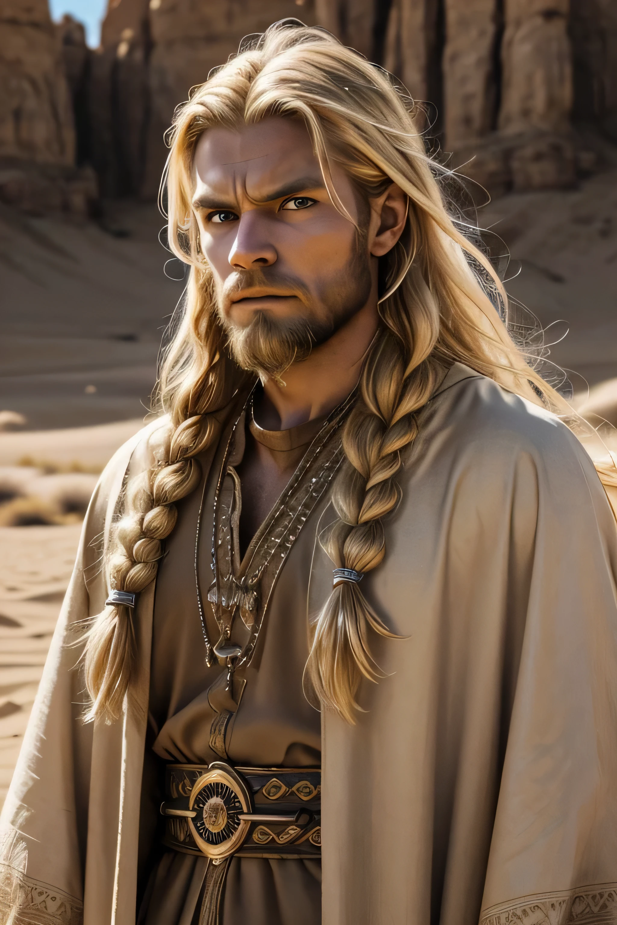 1 male viking, long blond hair, rough beard, wearing a caftan, ugly face, looking angry, 30 years old, desert background, absurdres, high res, ultrasharp, 8K, masterpiece, the image should be of absurd resolution and high detail. It should be ultra-sharp and available in 8K resolution, representing a masterpiece in image quality.