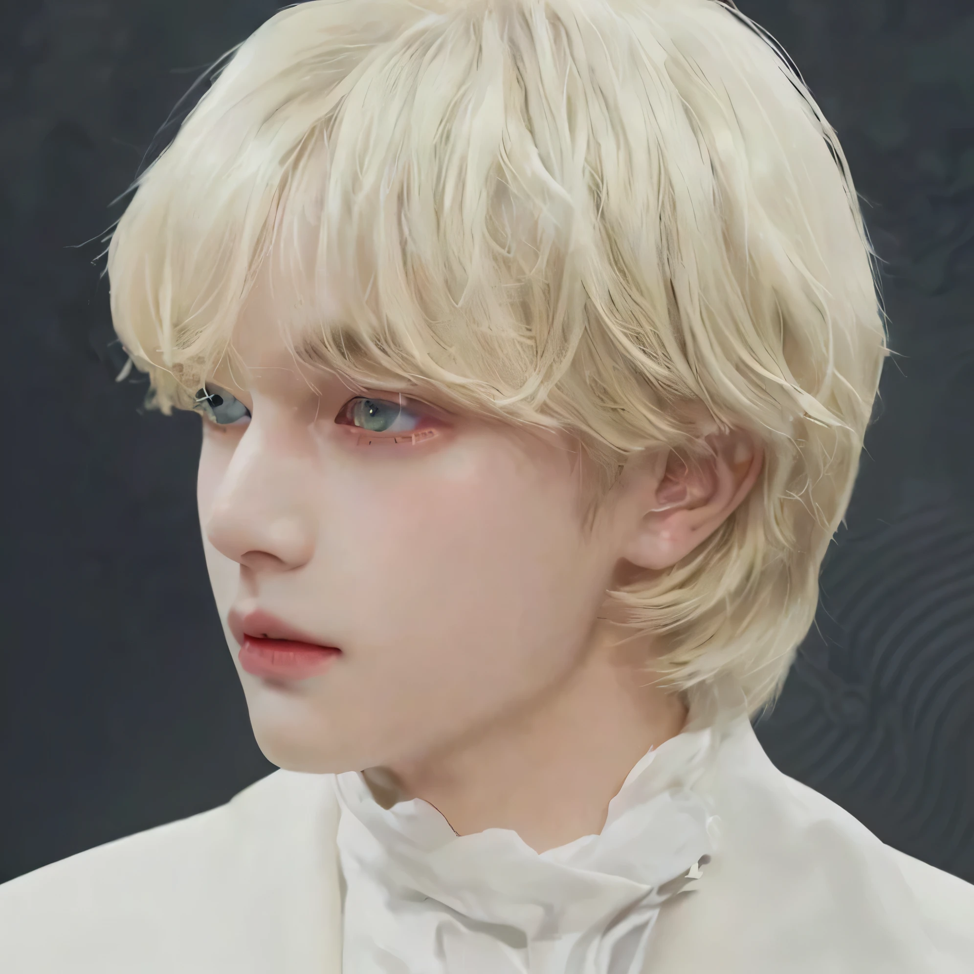 Young man/ young man with light blonde hair, platinum ruby hair, wavy hair, Porcelain skin, milky and white skin, pale skin and slightly flushed, taehyung bts face, thin man, fairy wings, hombre con fairy wings y fondo de bosque magico, hombre de cabello rubio y Porcelain skin, pompous lips and green eyes full of innocence. his face conveys innocence.