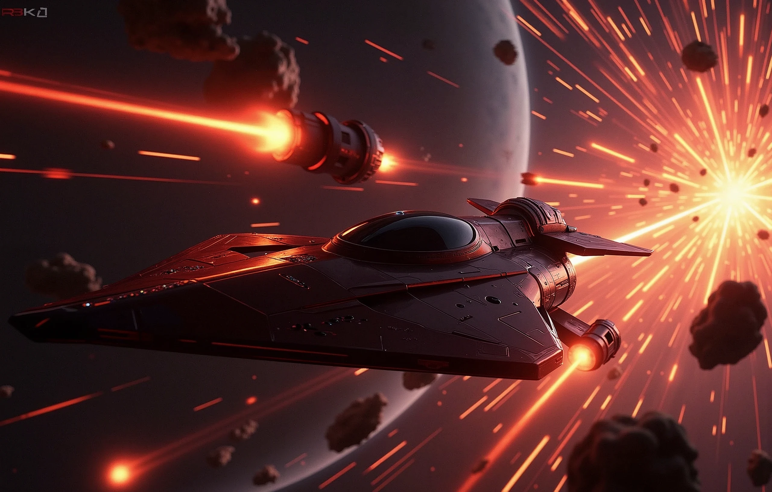 A crimson spaceship, a marvel of engineering, zooms through the void, fleeing the catastrophic aftermath of an exploding planet. The once-blue world now blazes with a fiery intensity, its destruction illuminated by light rays that seem to emanate from the very core of chaos. Amidst this apocalyptic backdrop, asteroids streak across the frame, their burning trails leaving glowing contrails in their wake. In the distance, blue stars twinkle like diamonds against the blackness, a celestial reminder of the vastness and beauty of space. The spaceship, a masterclass of Futurism-inspired design, hurtles forward with incredible velocity, its red and black hull glistening with speed lines and motion lines that evoke a sense of dynamic tension. Cinematic lighting casts a dramatic glow on the scene, bathing all in an otherworldly radiance., Futurism, modern, Hyperrealism, speed lines, cinematic lighting, glowing light, motion lines, retina, accurate, masterpiece, super detail, high quality, award winning, highres, 4K, 8k, 16k