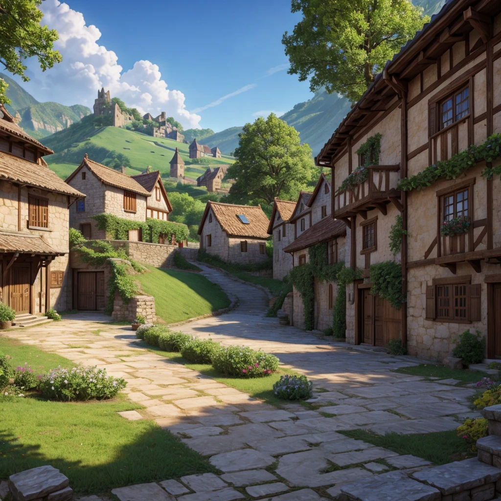 Vivid depiction、3DCG、Fantasy、live-action、Medieval rural village landscape、