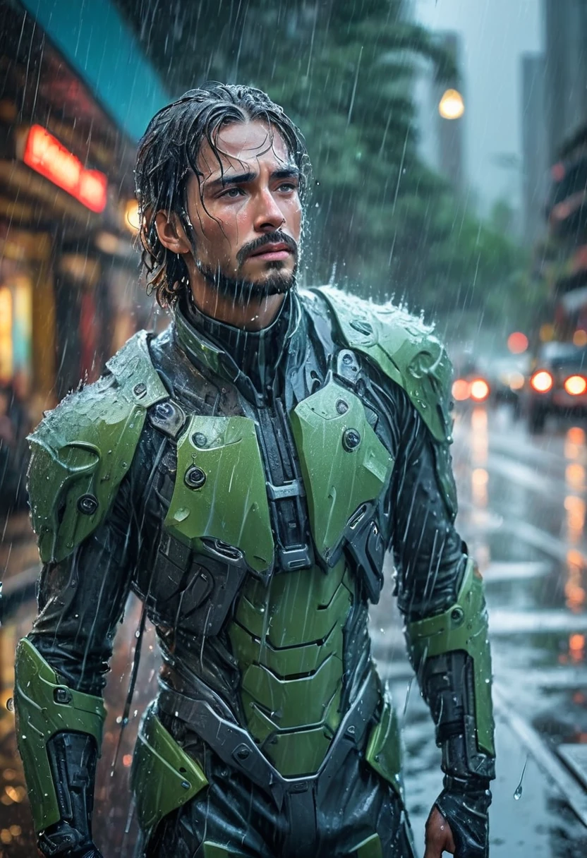 (Masterpiece at maximum 16K resolution: 1.6), (intricate details: 1.4), (extremely insane details: 1.4), (highest quality: 1.3), (hyper_realistic: 1.3 ). | Jesus looking at the sky, deep emotions, tears running down his face, soft raindrops, fresh greenery, shiny wet pavement, expressive eyes, pensive expression, sadness, delicate features, long flowing hair, make Jesus man wet clothes, ethereal atmosphere , misty atmosphere, moody lighting, dramatic composition, subtle shadows, emotional charge, melancholic atmosphere, vibrant colors, soft color palette, rainy day aesthetic, raw beauty, moving moment, captivating composition, pain and vulnerability, contrast of beauty and sadness of a man, raindrops tracing his eyelashes and cheeks, loneliness in the crowd, defining moment in his life, hope lingering in his eyes.  | ((He's crying):1,3)):0,7), (((More_Details))).