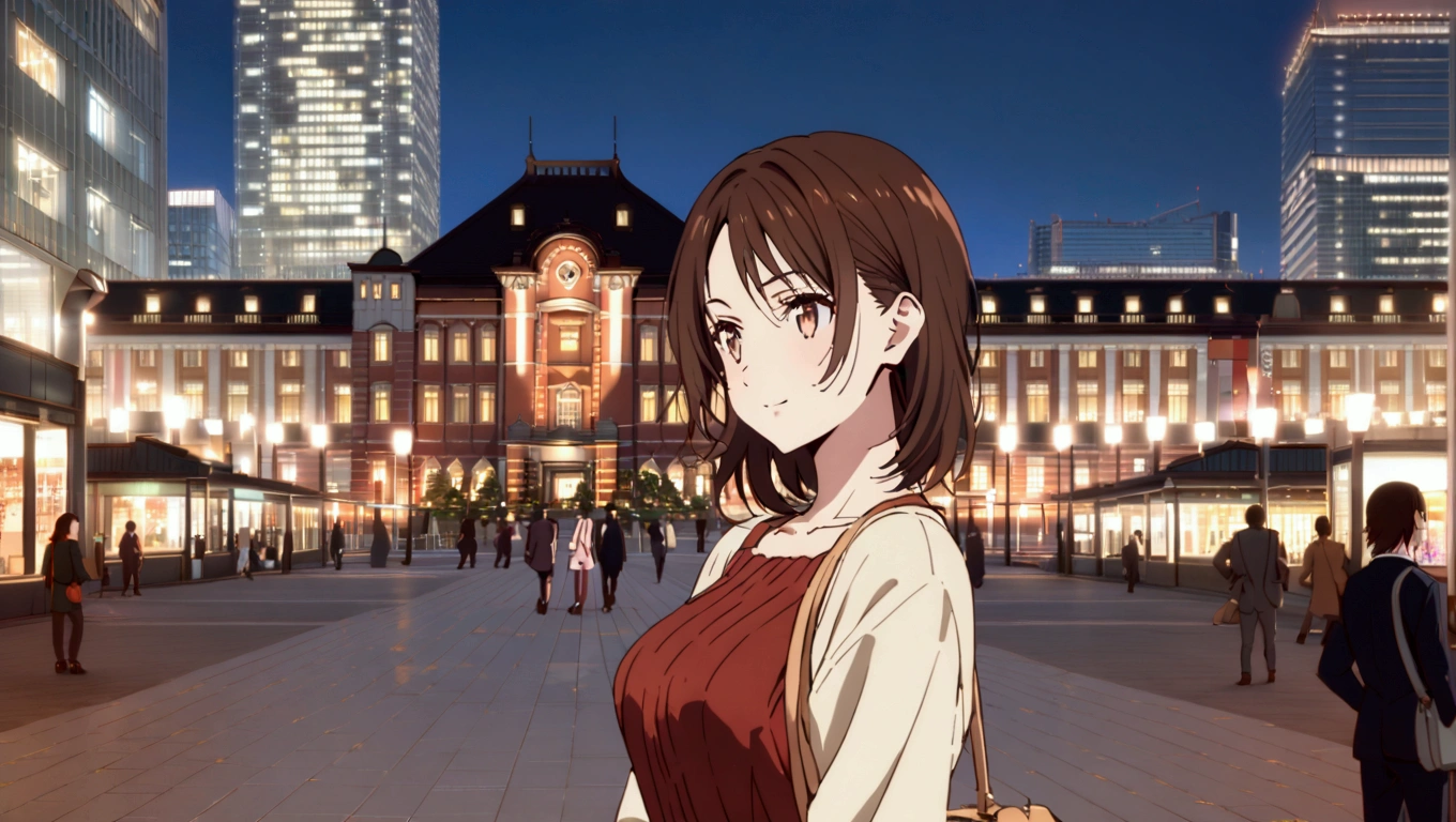 glittering lights, work of art, ultra detaild, Definition of 8k, beautiful  face, 1 girl, Chizuru Ichinose , casual clothes, women&#39;s shoulder bag, slightly slouched posture, closed mouth smile slim body, Fine body, ideal body, Tokyo city, people passing on the street, アニメ, chestnut hair, eyes browns